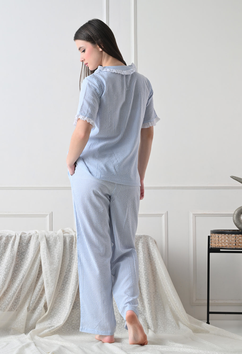 Blue Striped Seersucker Cotton Nightsuit Set by ameerah