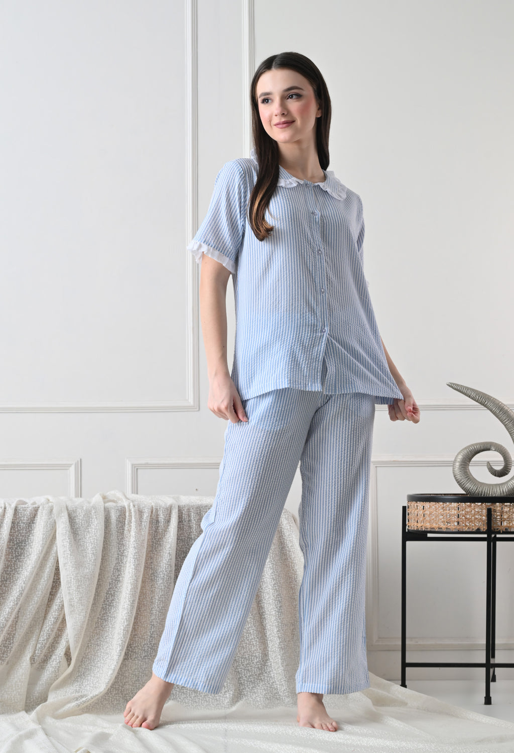 Blue Striped Seersucker Cotton Nightsuit Set by ameerah