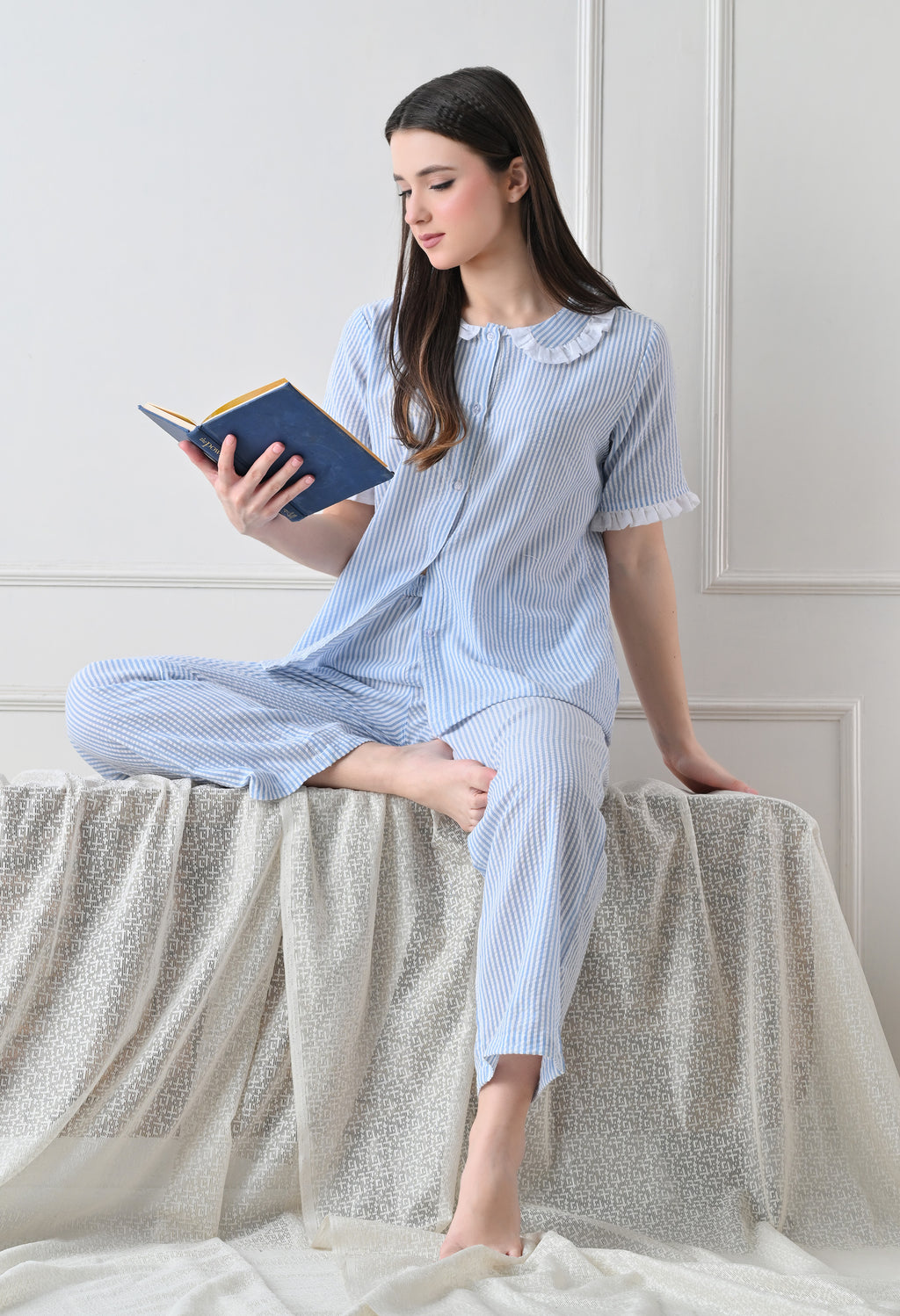 Blue Striped Seersucker Cotton Nightsuit Set by ameerah