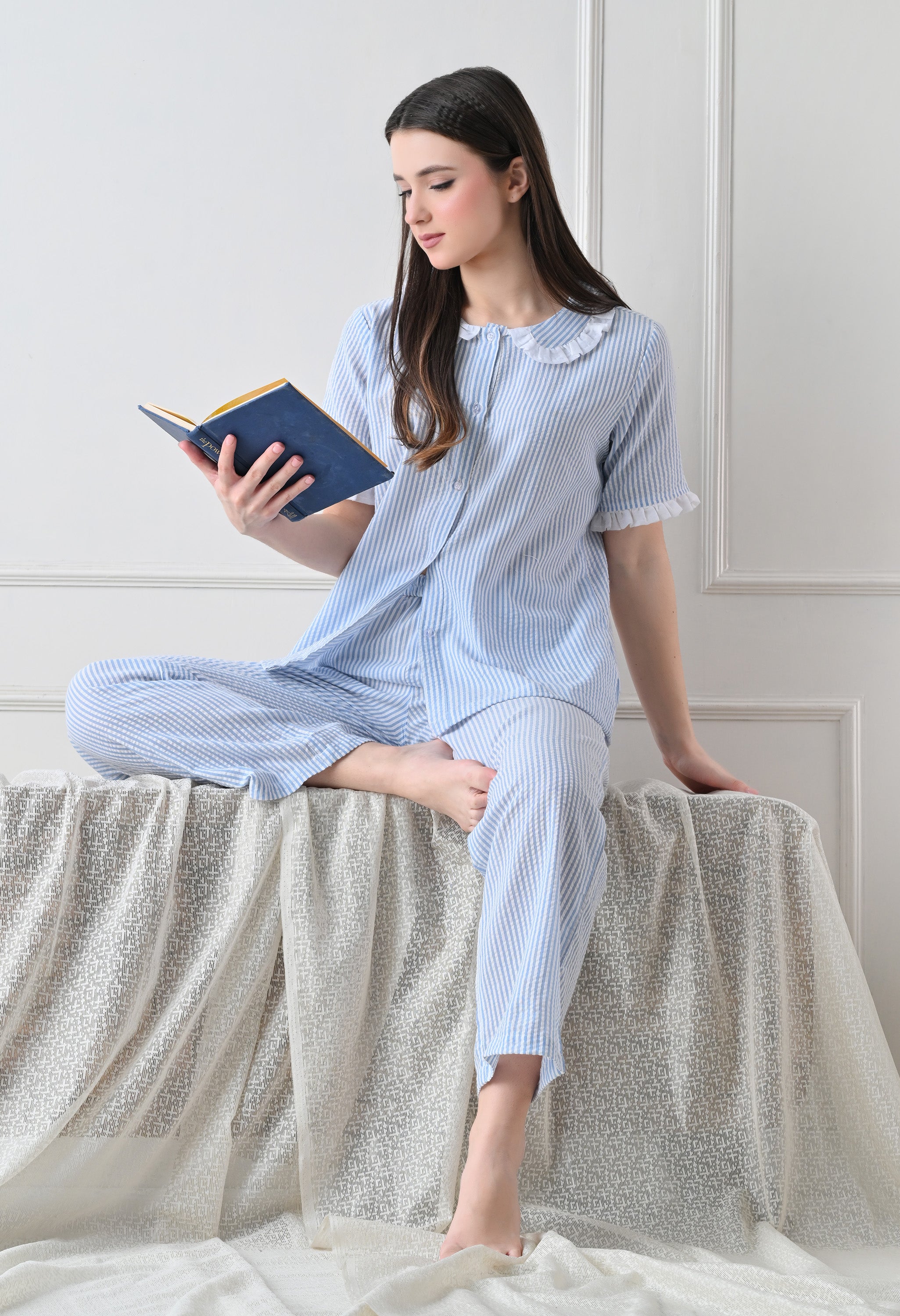 Blue Striped Seersucker Cotton Nightsuit Set by ameerah