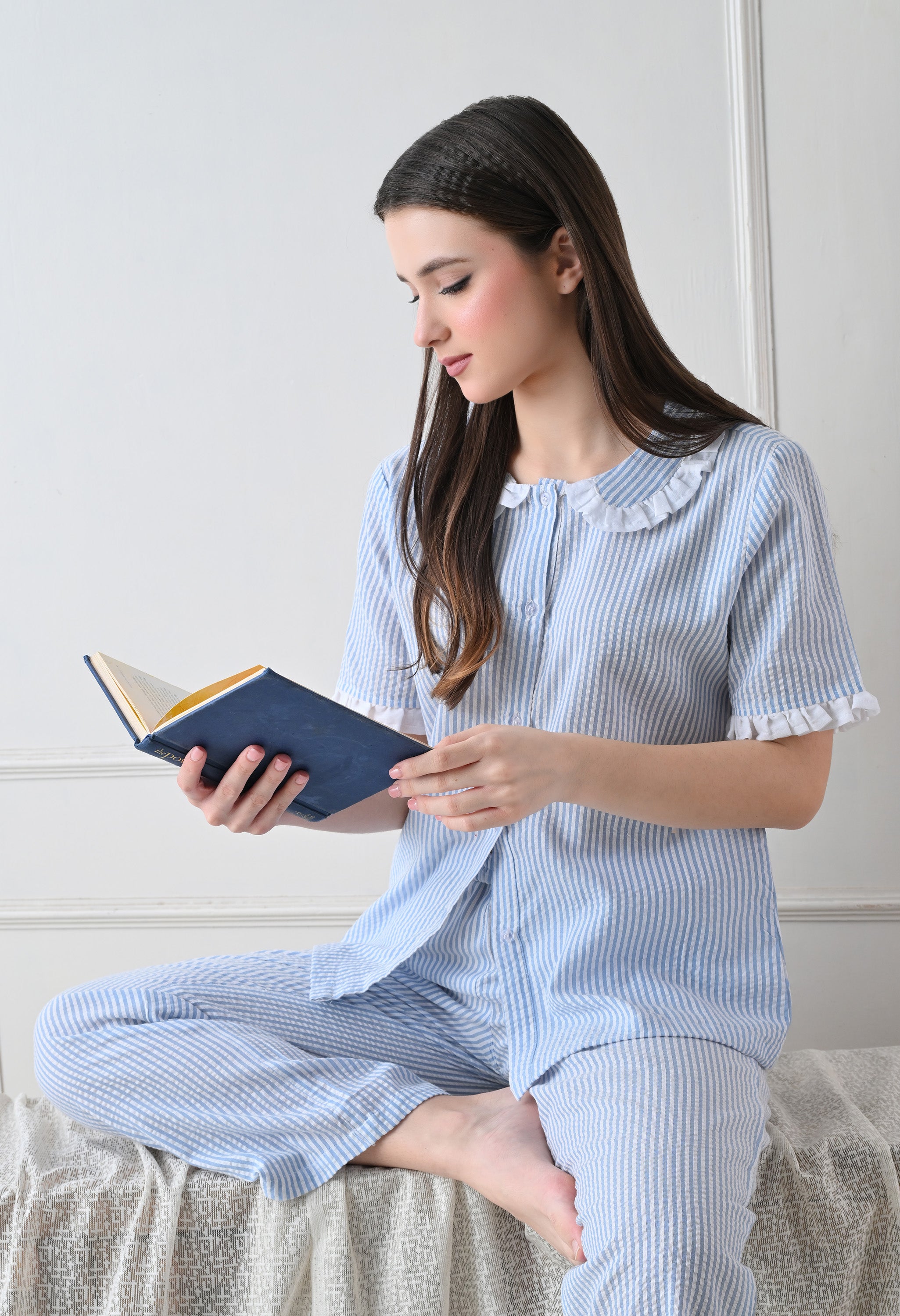 Blue Striped Seersucker Cotton Nightsuit Set by ameerah