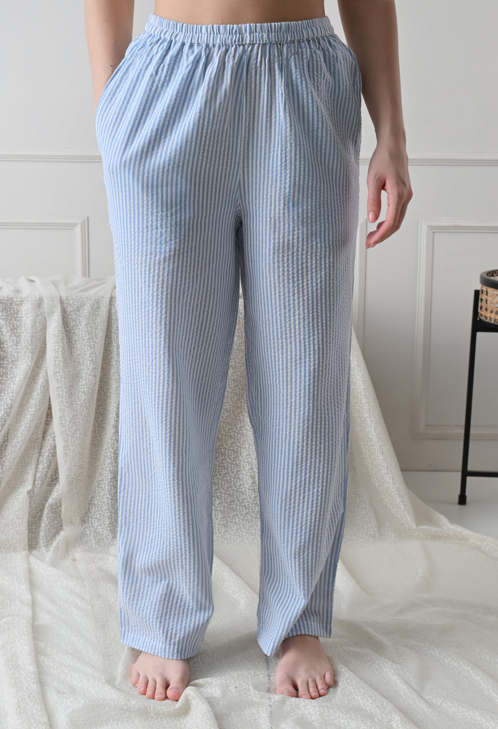 Blue Striped Seersucker Cotton Nightsuit Set by ameerah