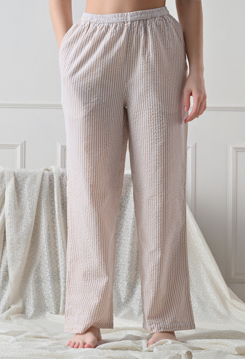 Sand Beidge Striped Seersucker Cotton Nightsuit Set by ameerah