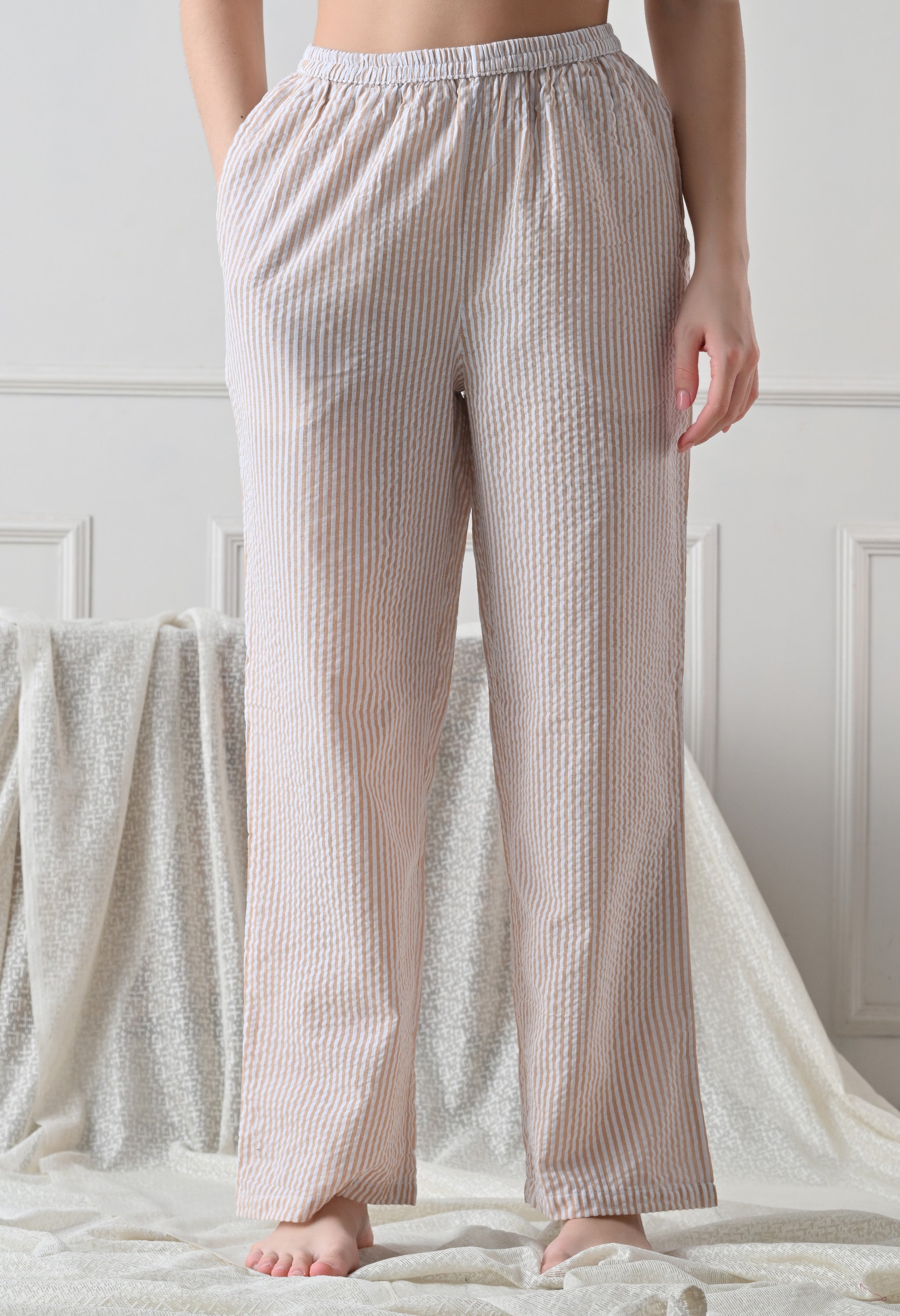 Sand Beidge Striped Seersucker Cotton Nightsuit Set by ameerah