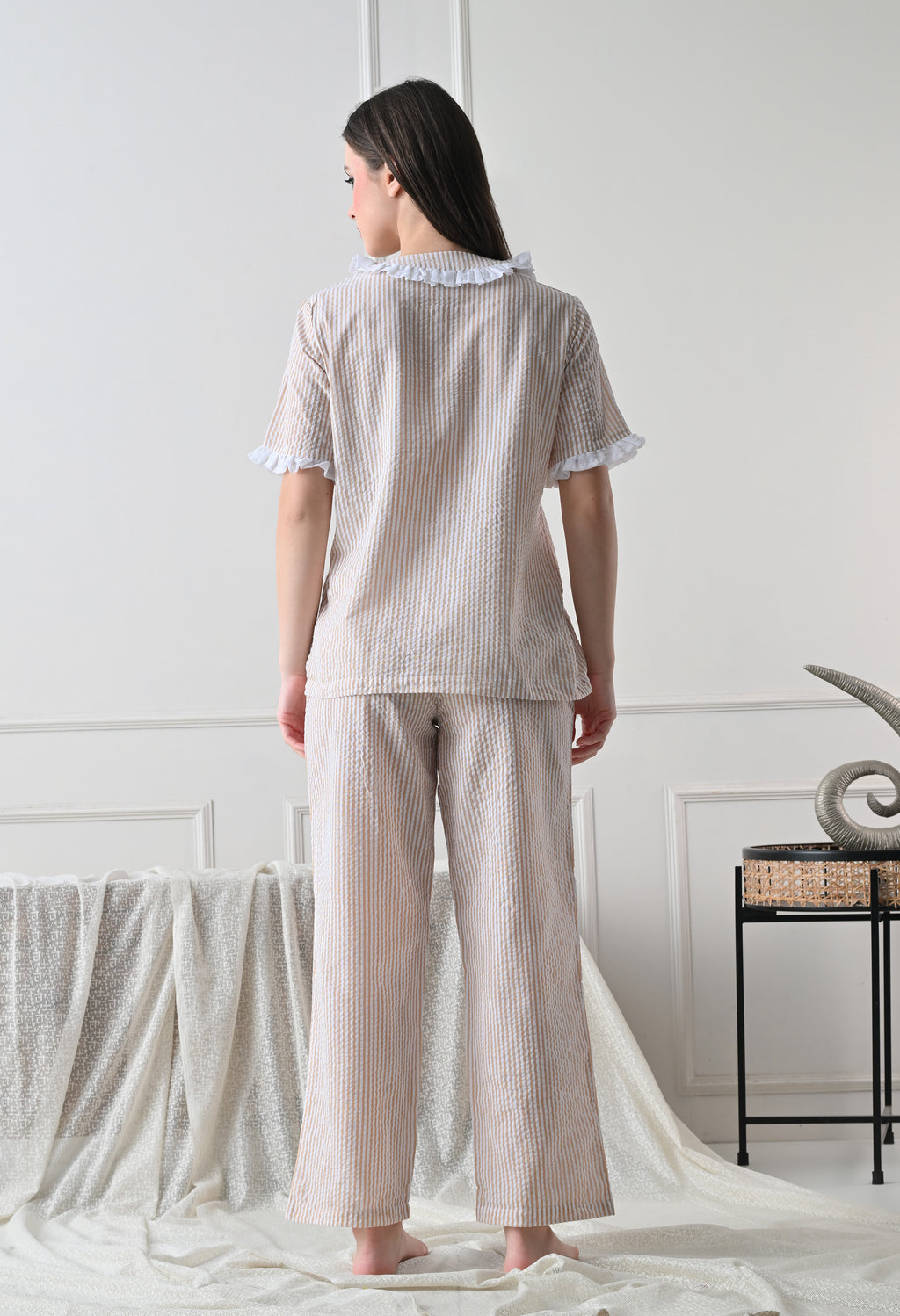 Sand Beidge Striped Seersucker Cotton Nightsuit Set by ameerah