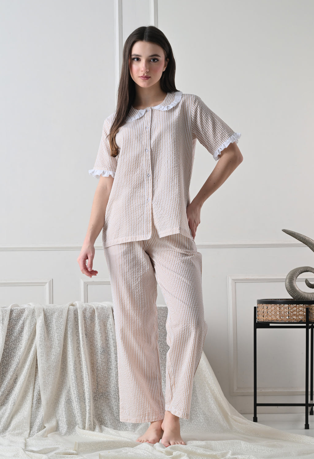 Sand Beidge Striped Seersucker Cotton Nightsuit Set by ameerah