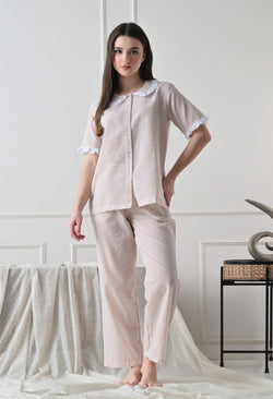 Sand Beige Striped Seersucker Cotton Nightsuit Set by ameerah