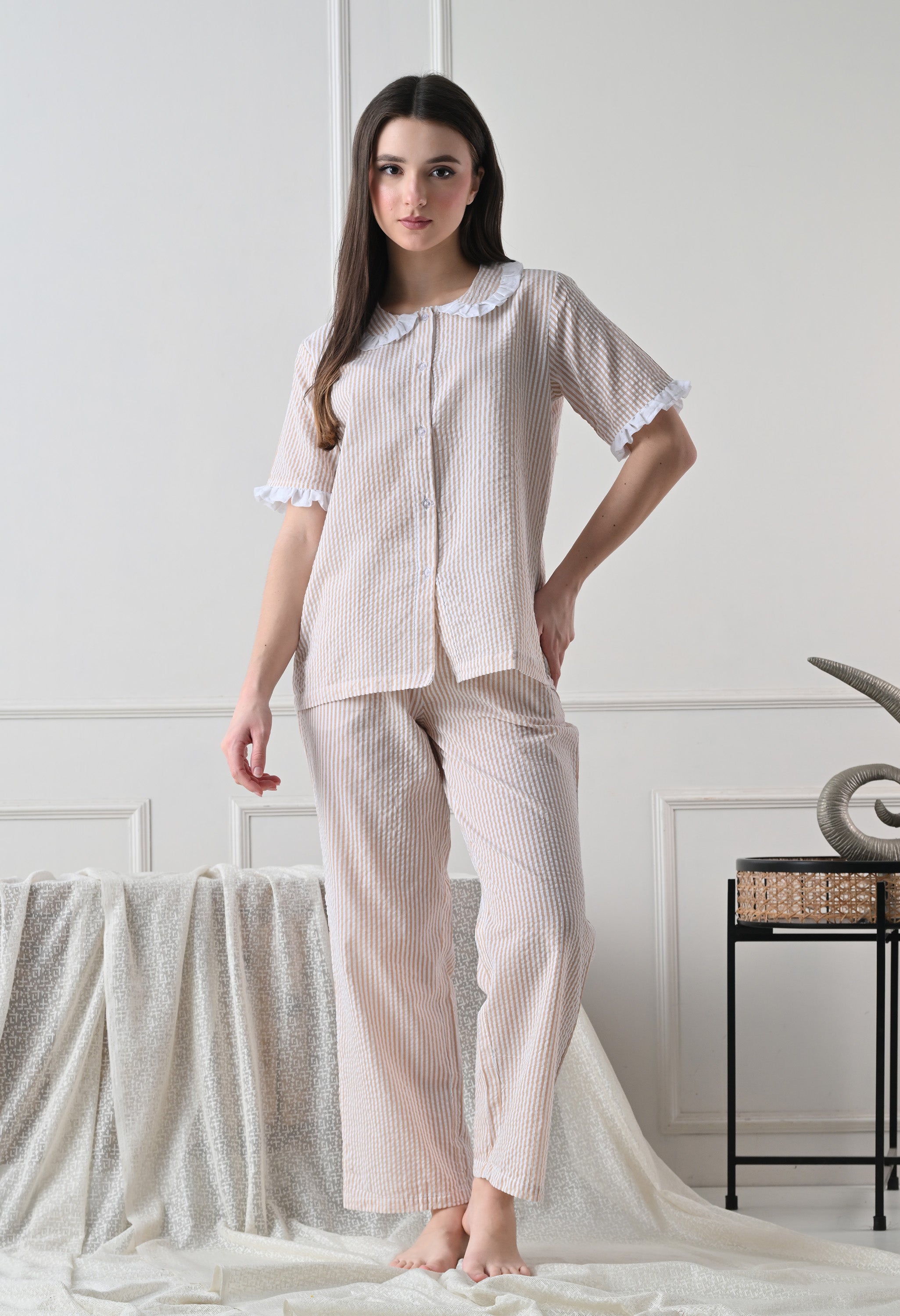 Sand Beidge Striped Seersucker Cotton Nightsuit Set by ameerah