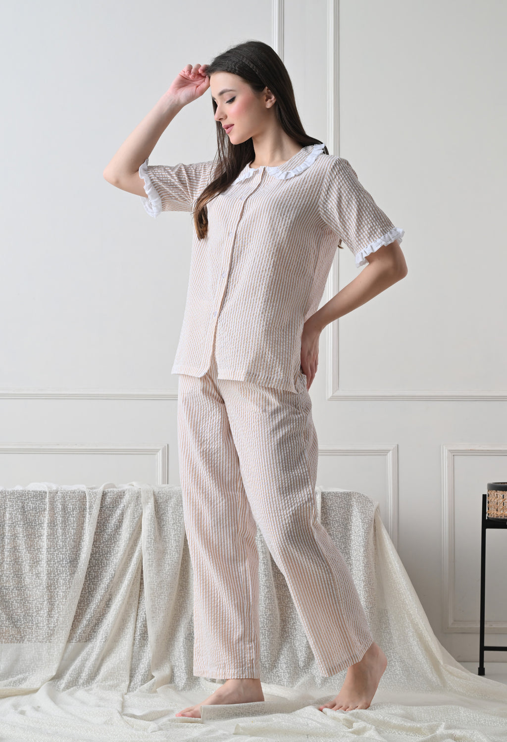 Sand Beidge Striped Seersucker Cotton Nightsuit Set by ameerah