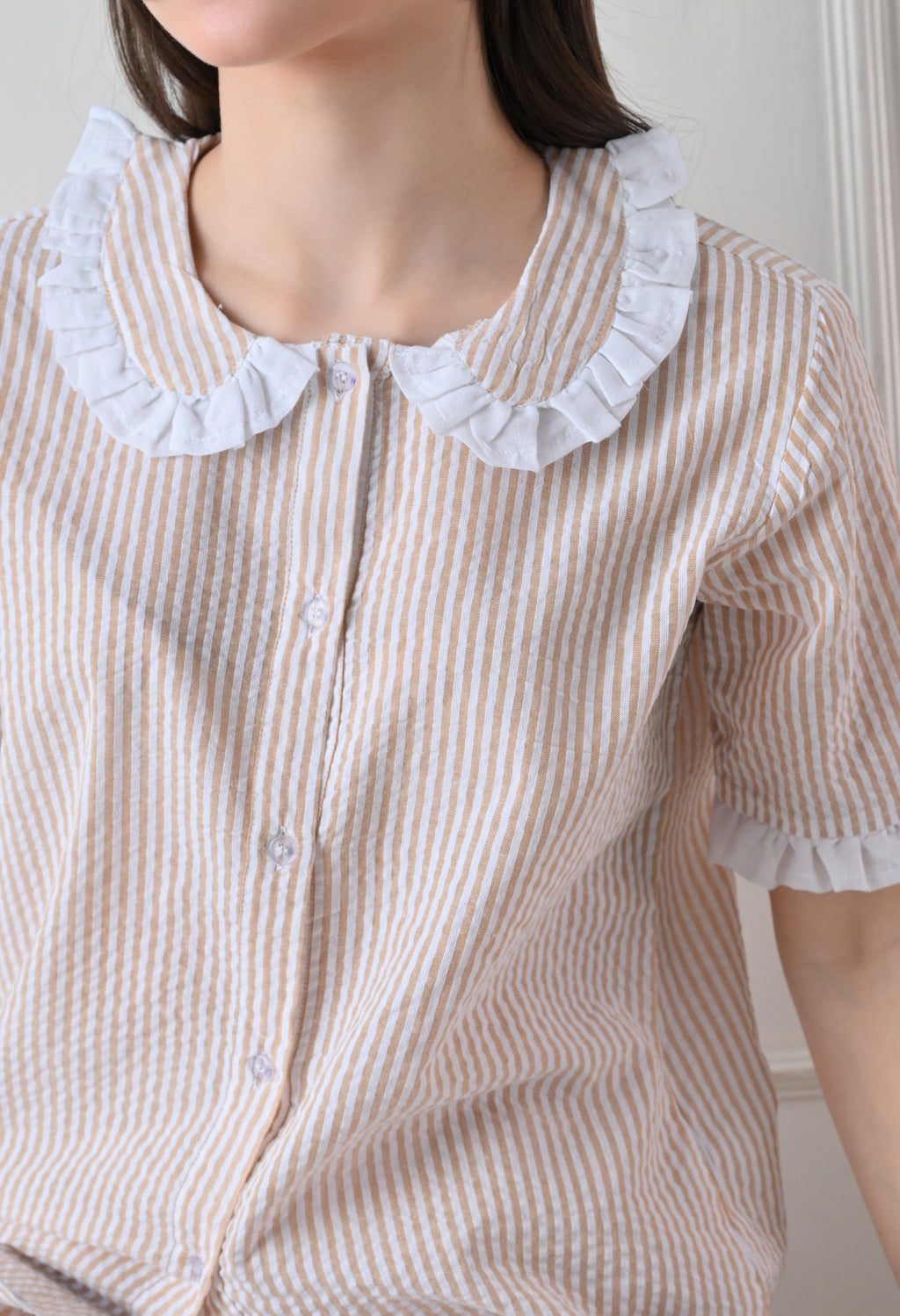 Sand Beidge Striped Seersucker Cotton Nightsuit Set by ameerah