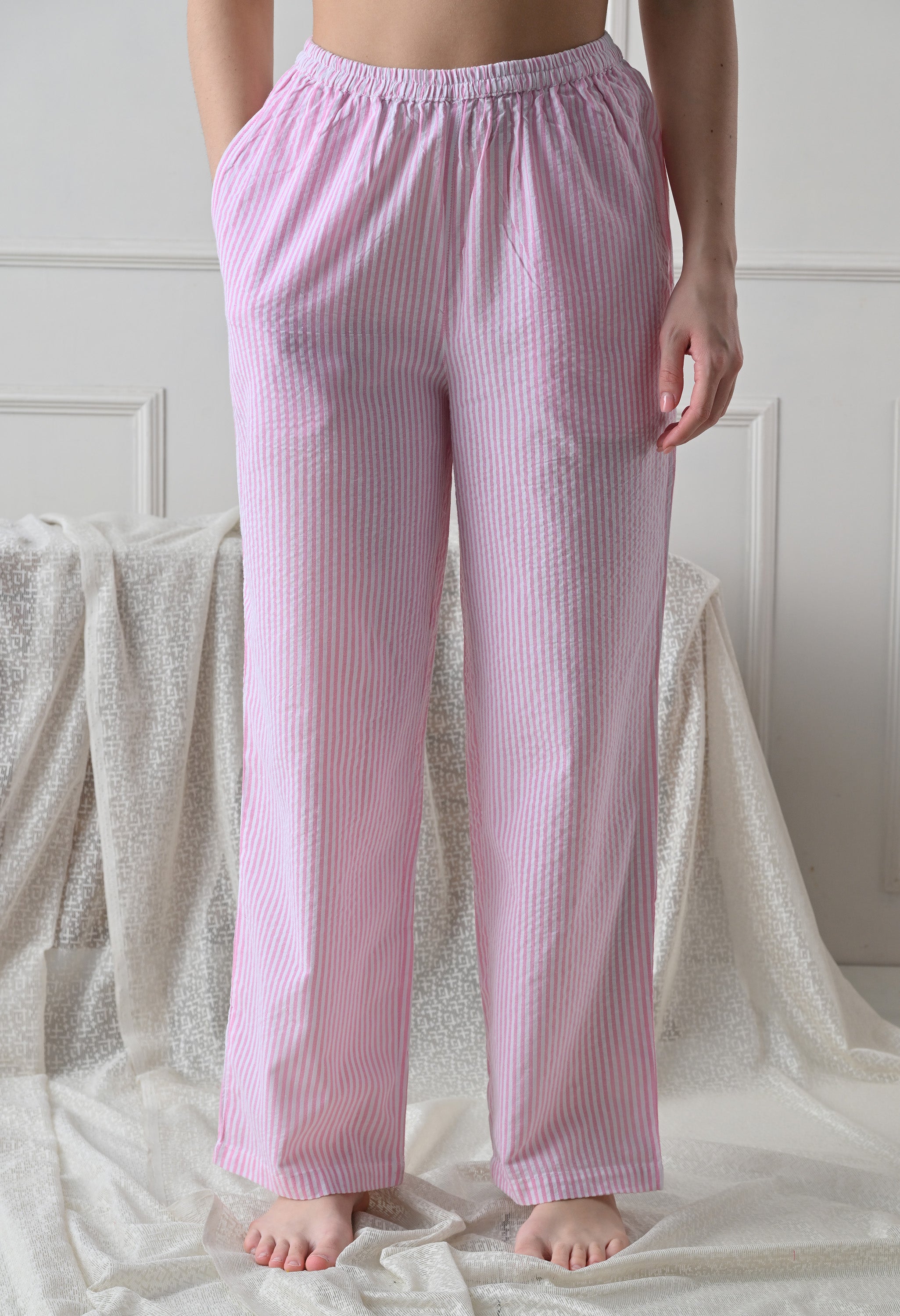 Pink Striped Seersucker Cotton Nightsuit Set by ameerah