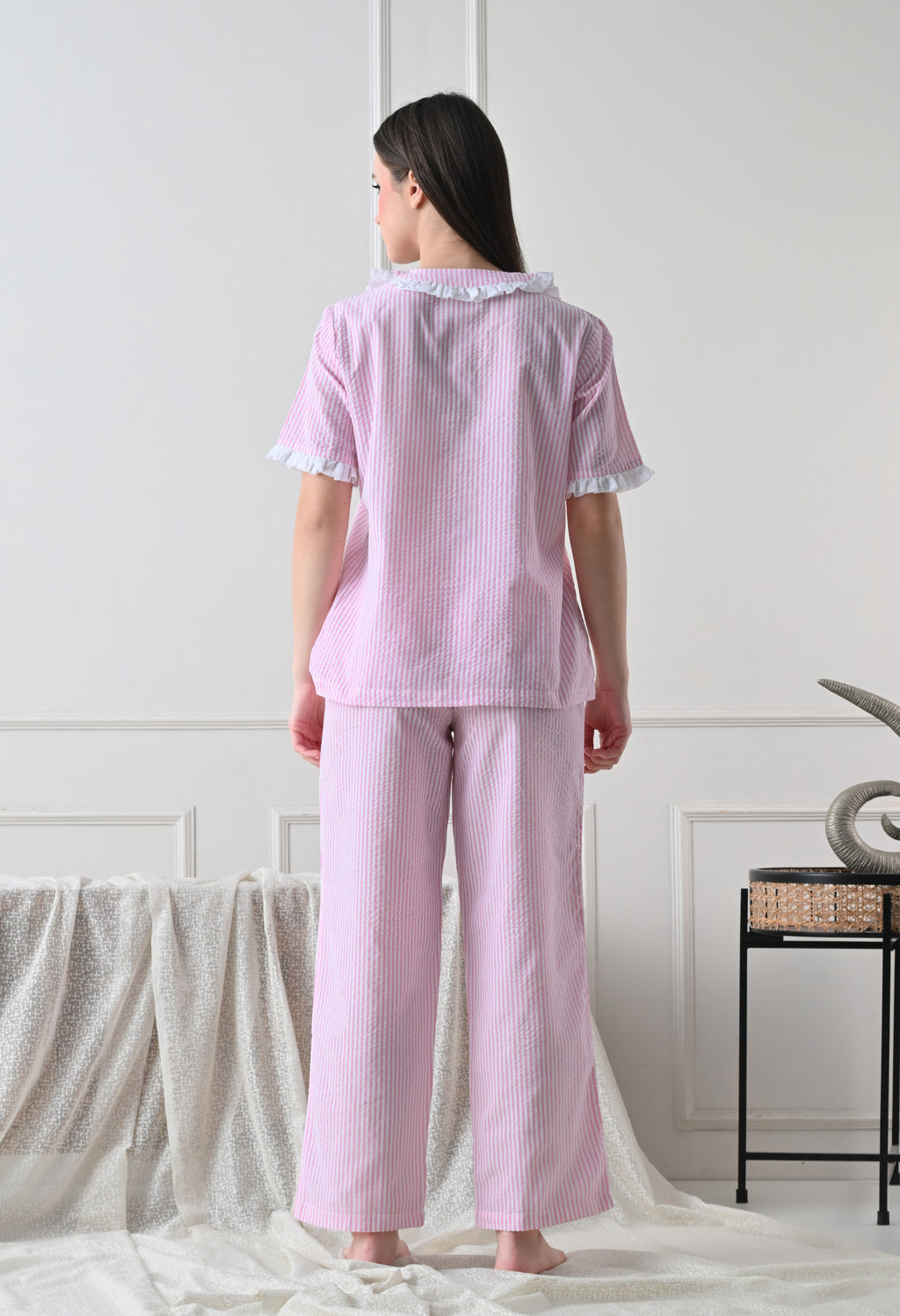 Pink Striped Seersucker Cotton Nightsuit Set by ameerah