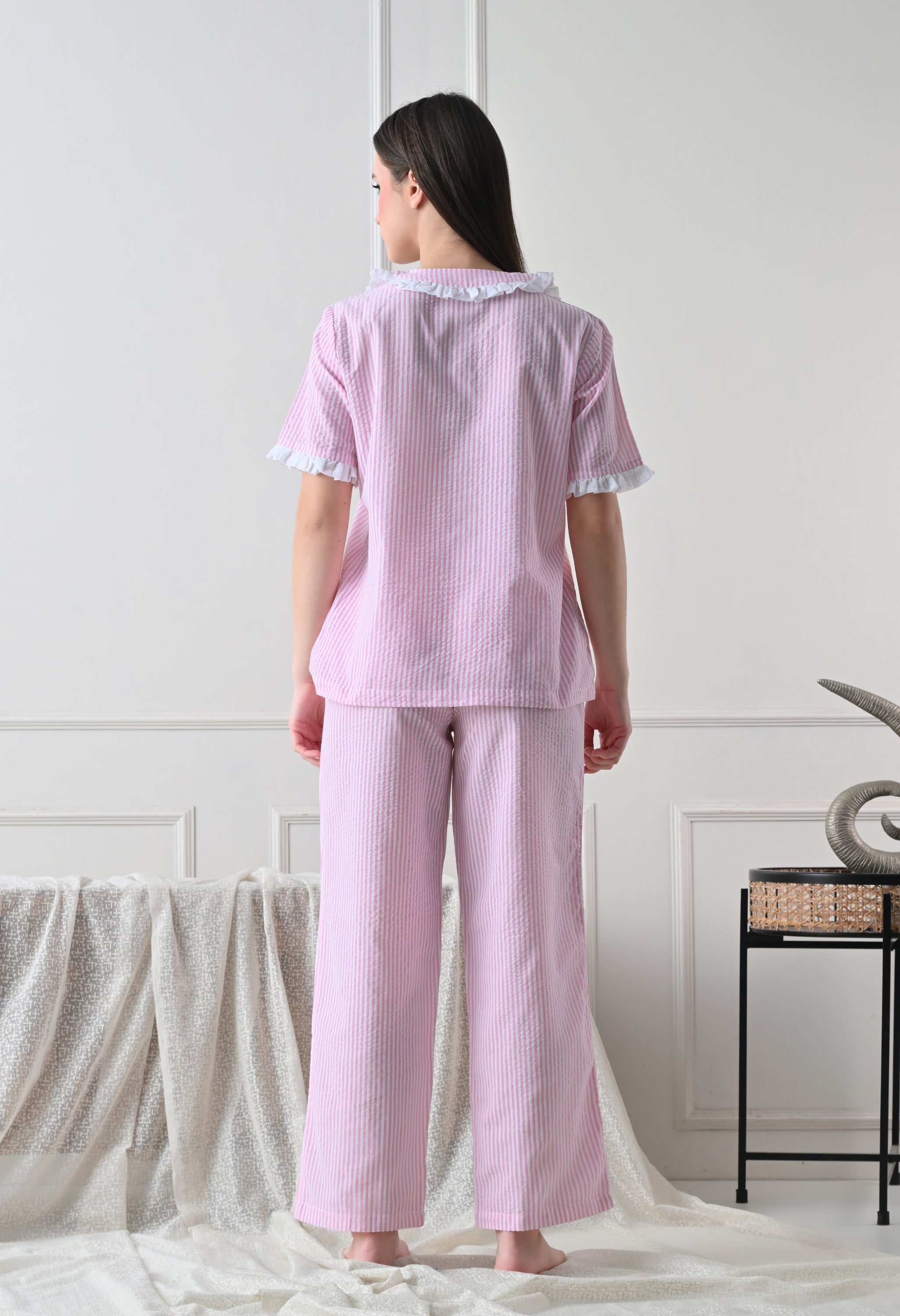 Pink Striped Seersucker Cotton Nightsuit Set by ameerah