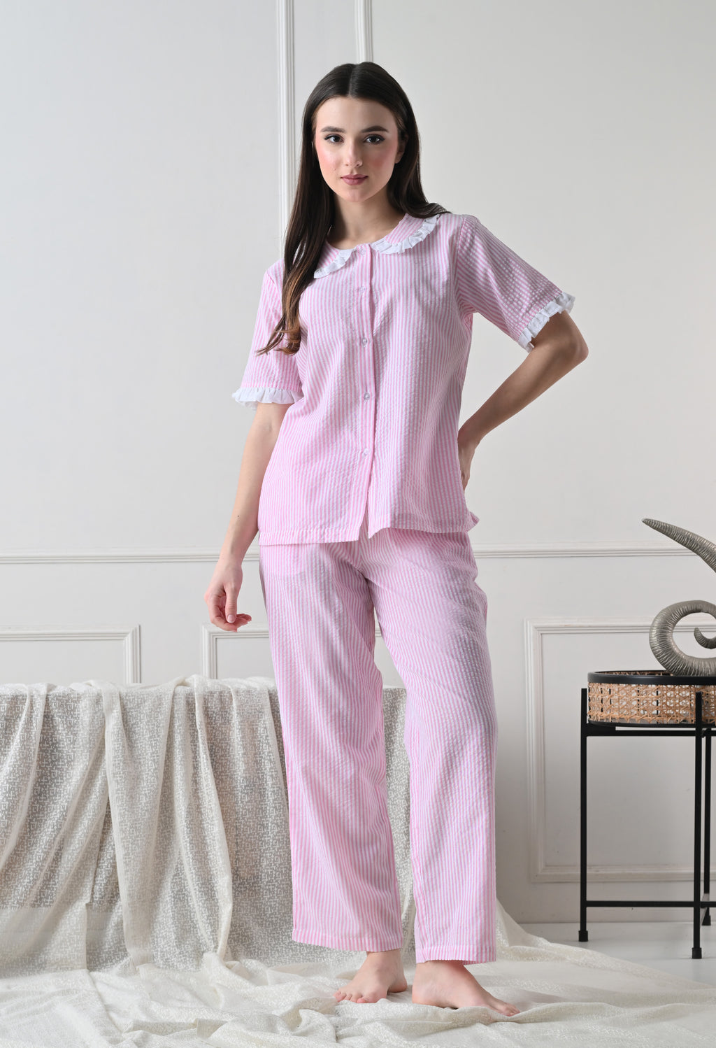 Pink Striped Seersucker Cotton Nightsuit Set by ameerah