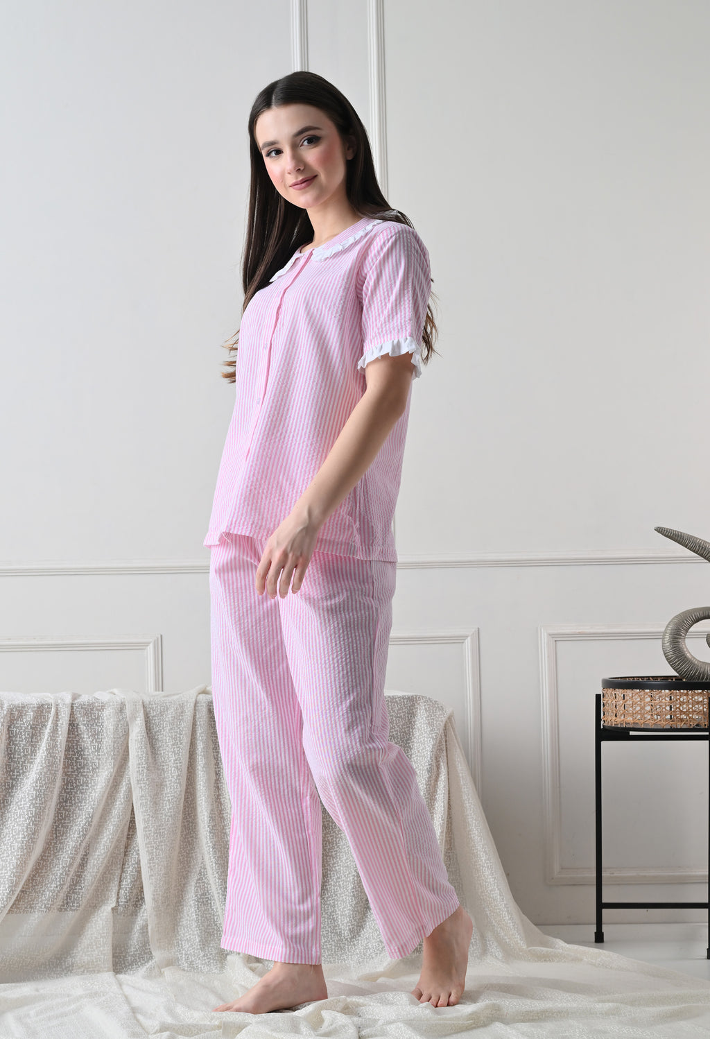 Pink Striped Seersucker Cotton Nightsuit Set by ameerah