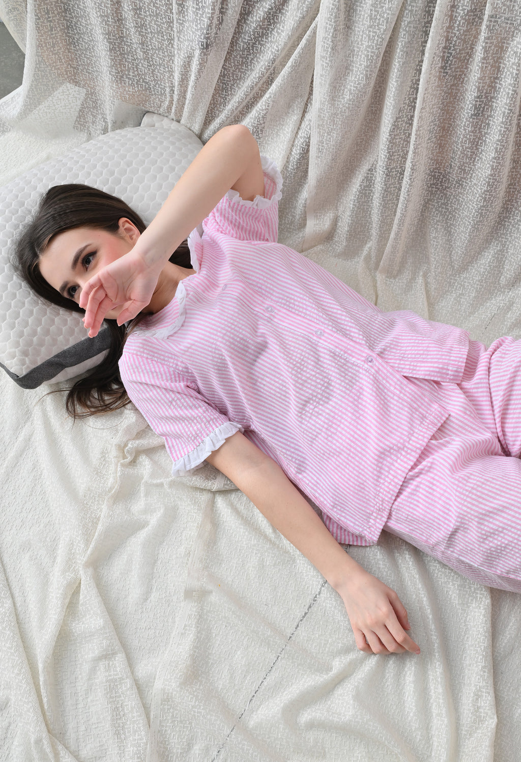 Pink Striped Seersucker Cotton Nightsuit Set by ameerah