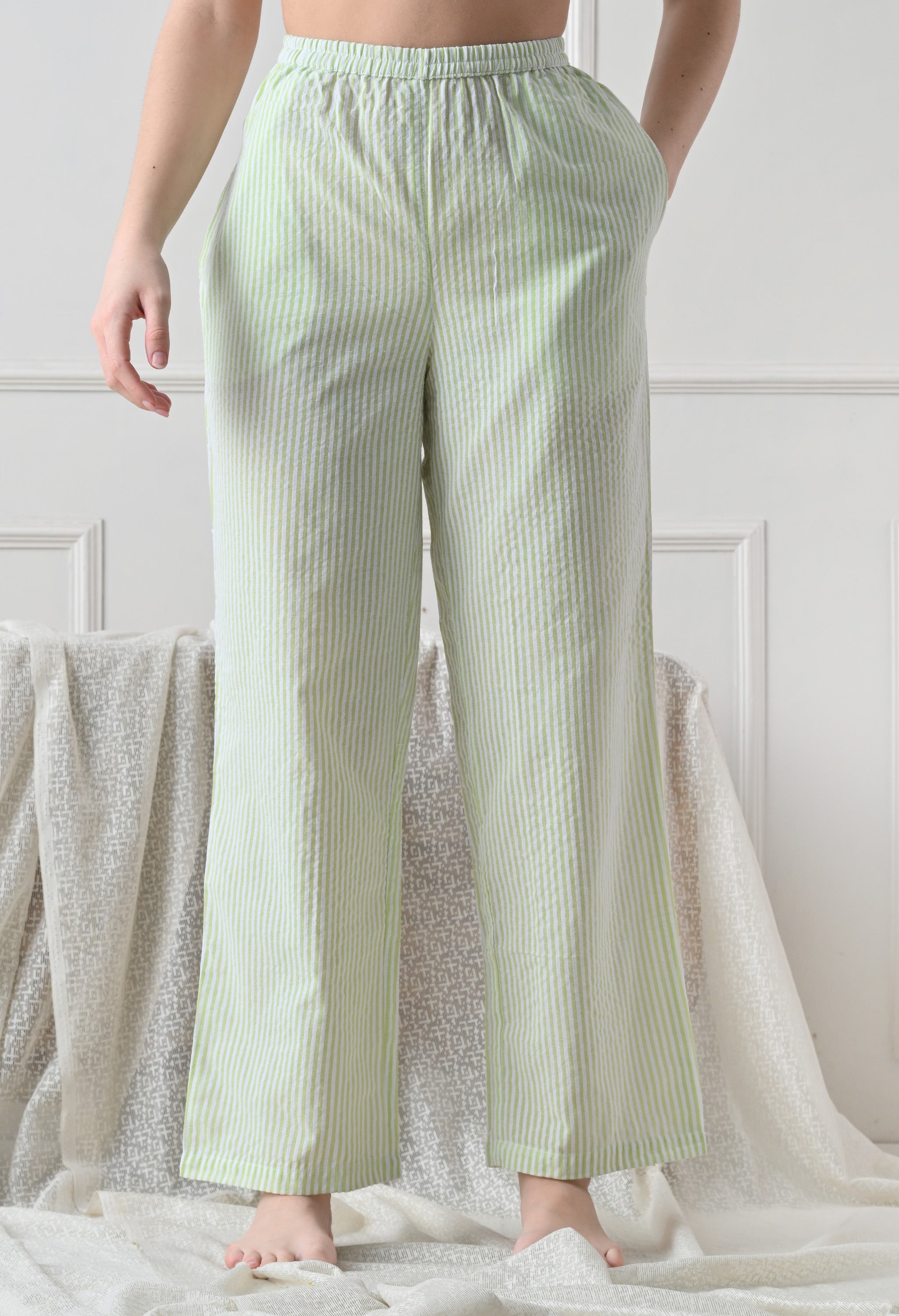 Green Striped Seersucker Cotton Nightsuit Set by ameerah