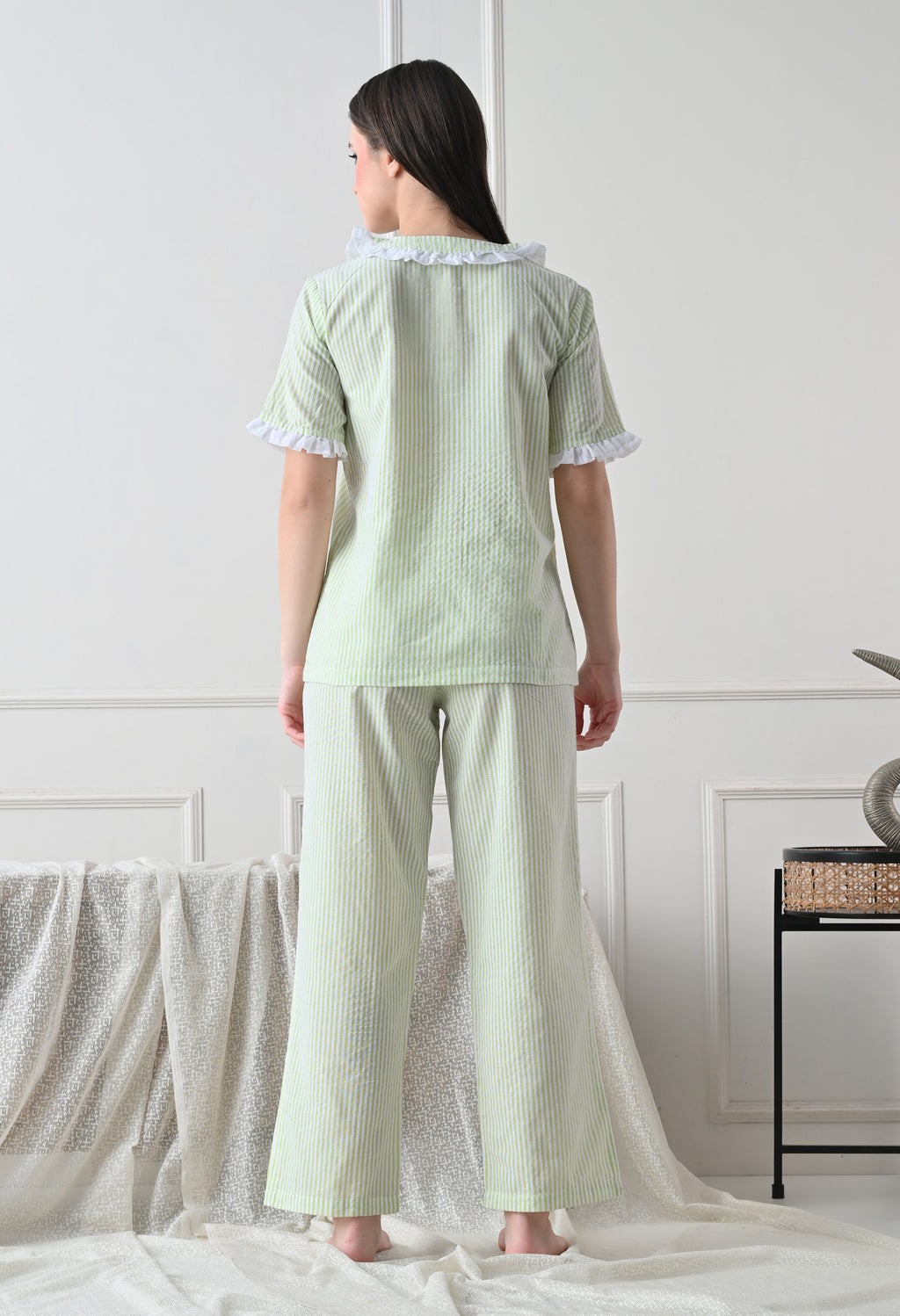 Green Striped Seersucker Cotton Nightsuit Set by ameerah