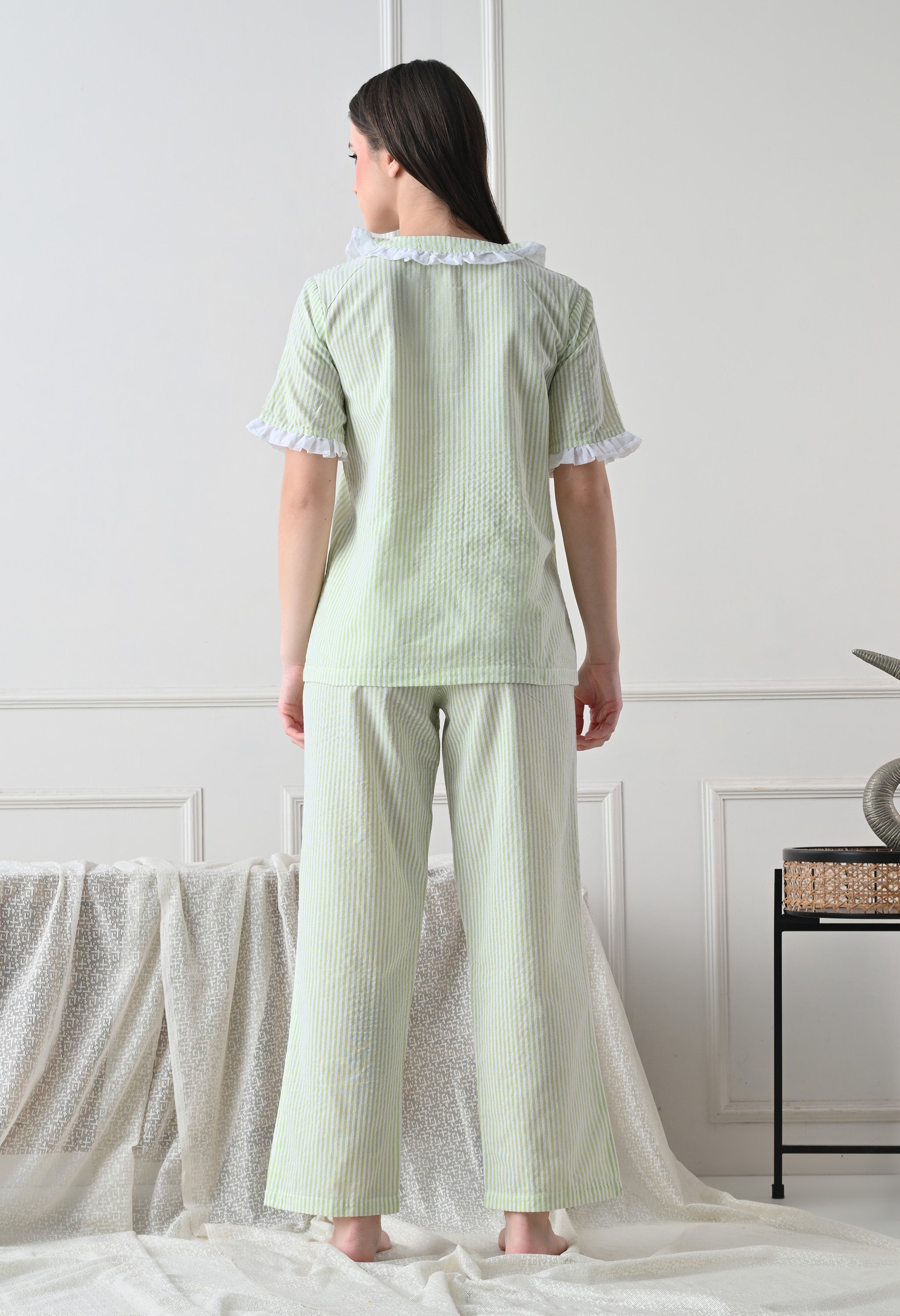 Green Striped Seersucker Cotton Nightsuit Set by ameerah