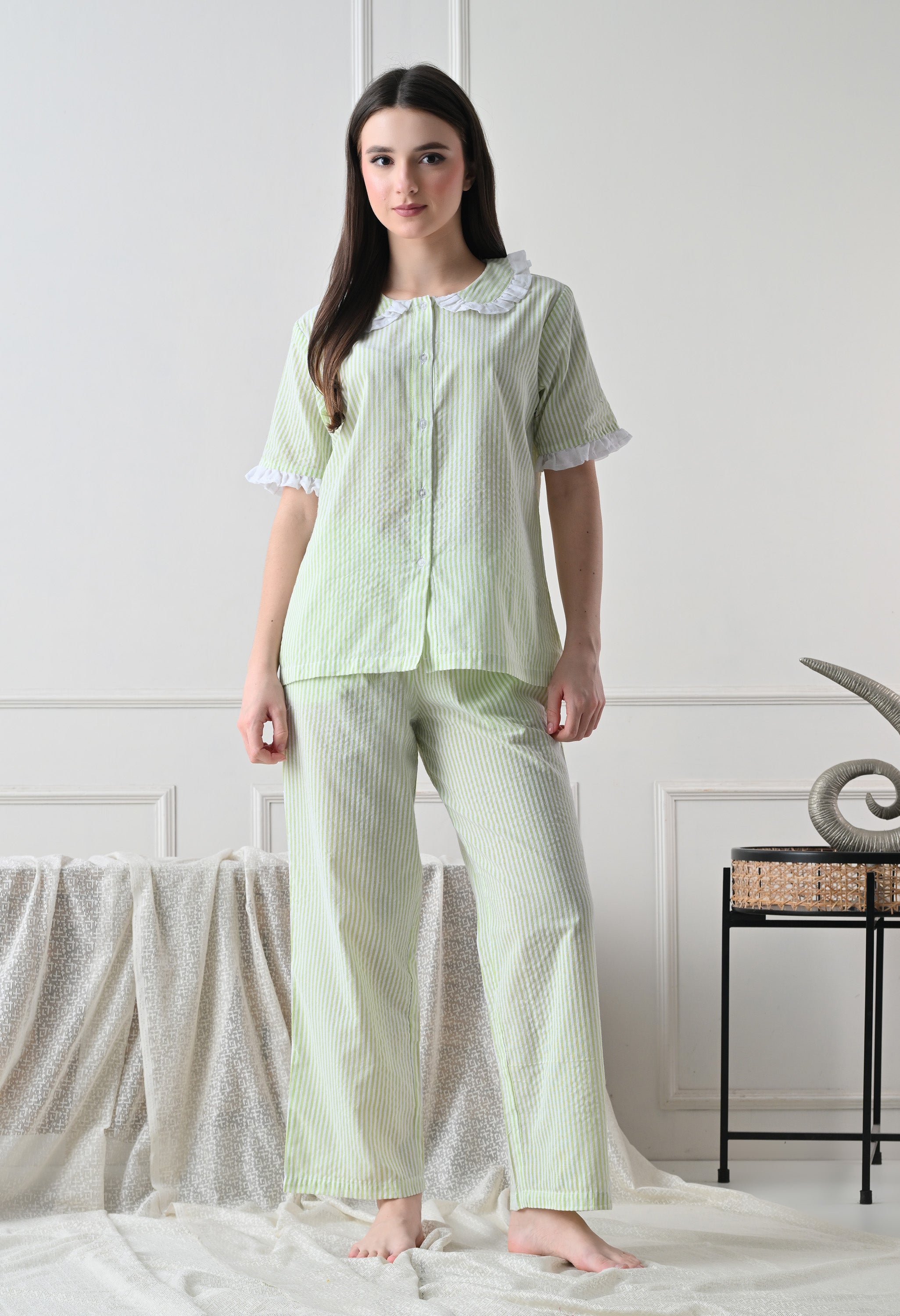 Green Striped Seersucker Cotton Nightsuit Set by ameerah