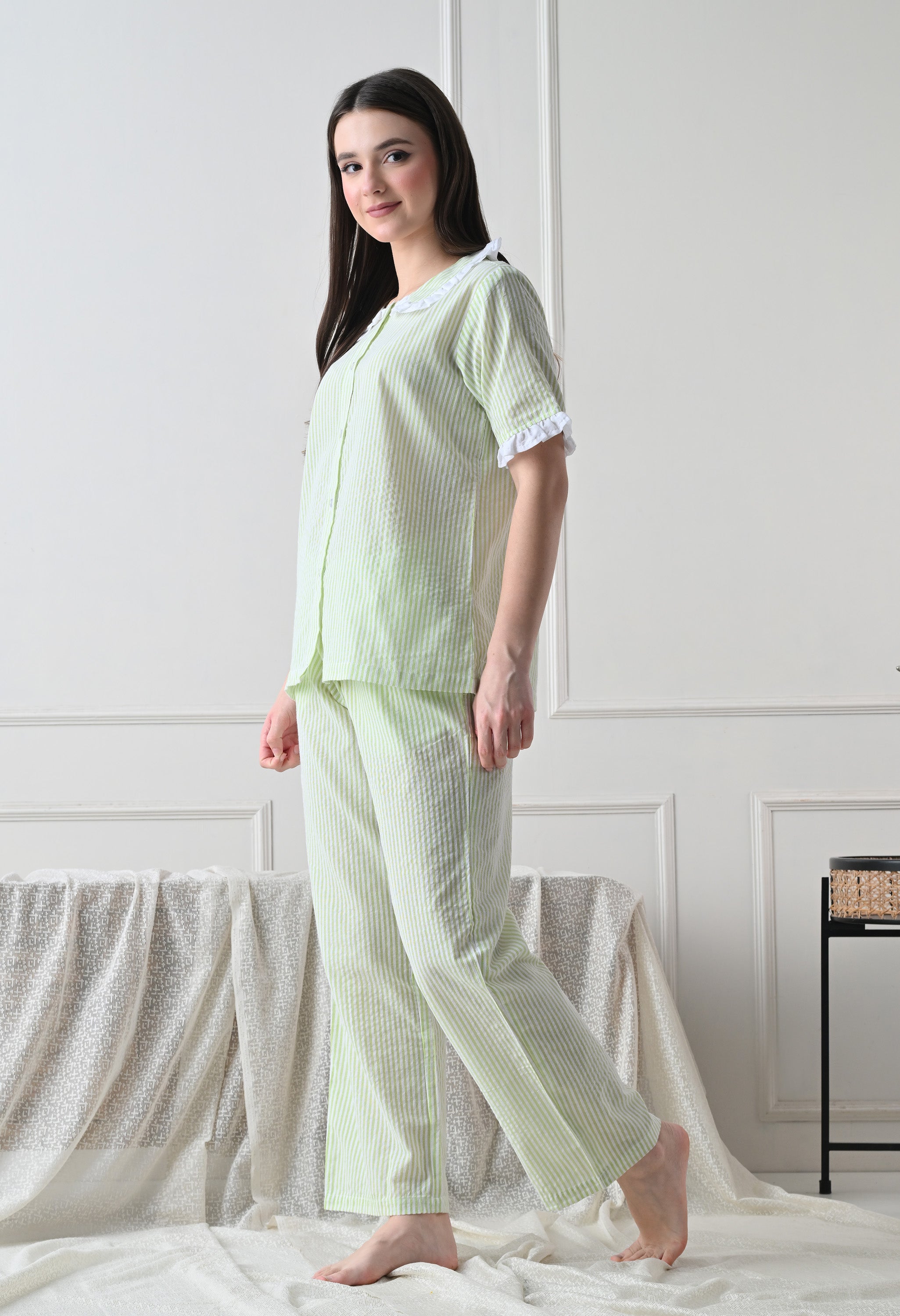 Green Striped Seersucker Cotton Nightsuit Set by ameerah