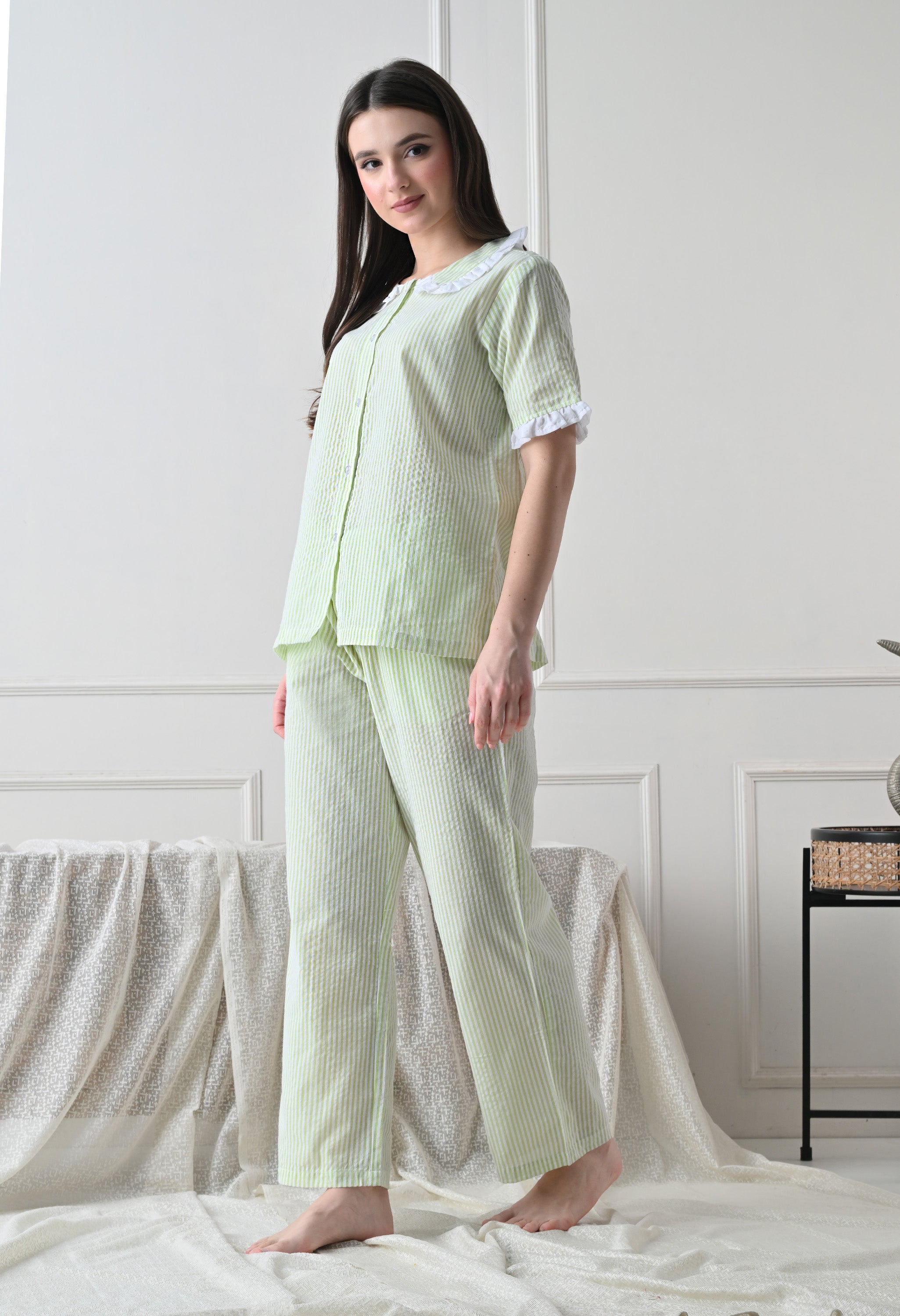 Green Striped Seersucker Cotton Nightsuit Set by ameerah