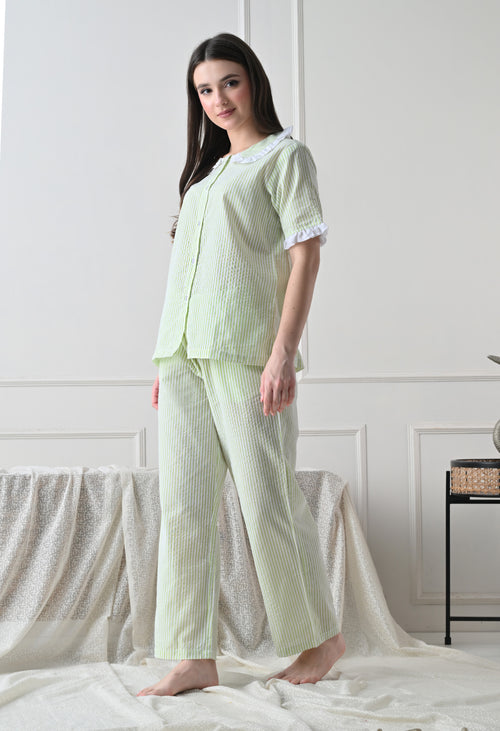 Green Striped Seersucker Cotton Nightsuit Set by ameerah