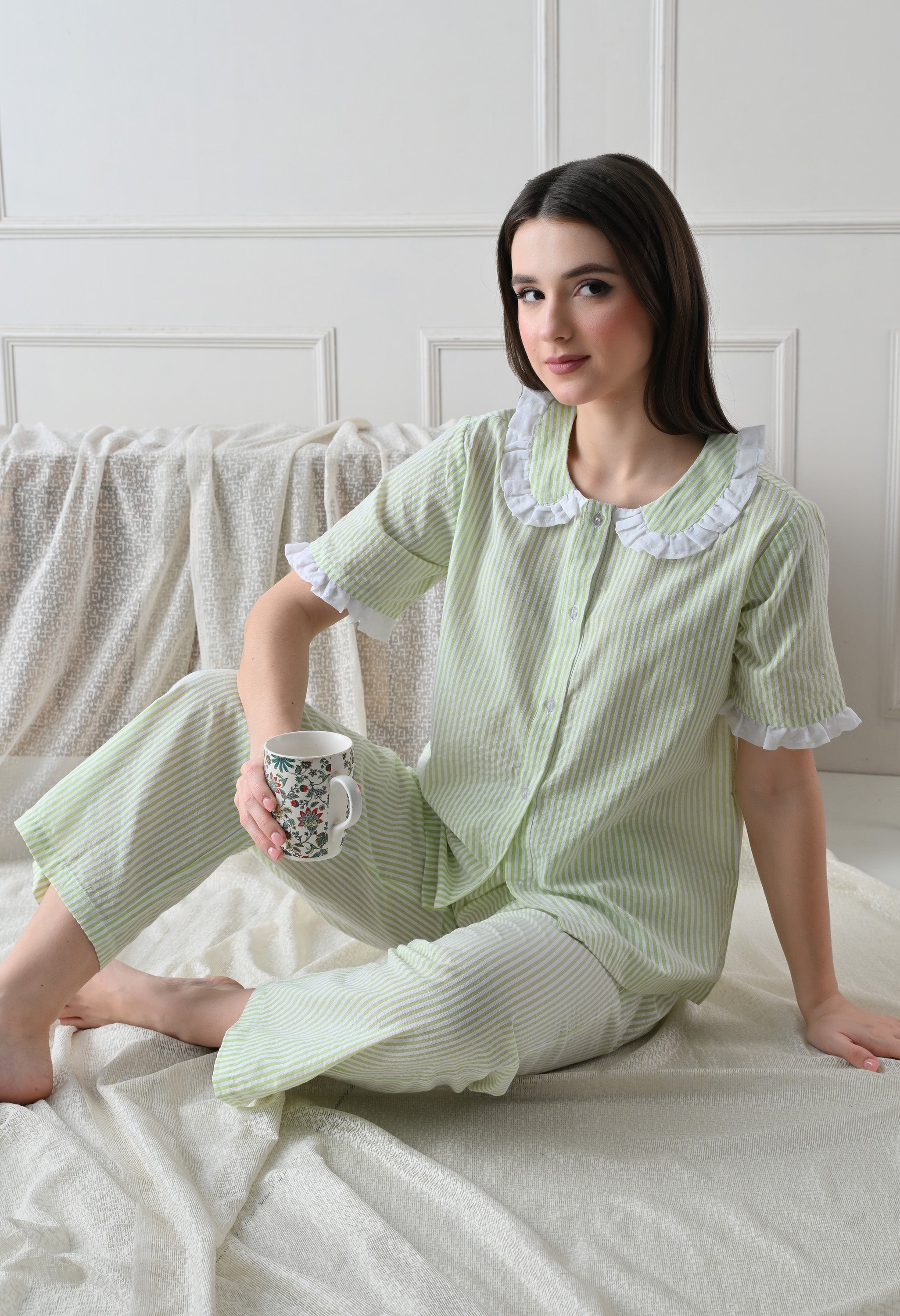 Green Striped Seersucker Cotton Nightsuit Set by ameerah