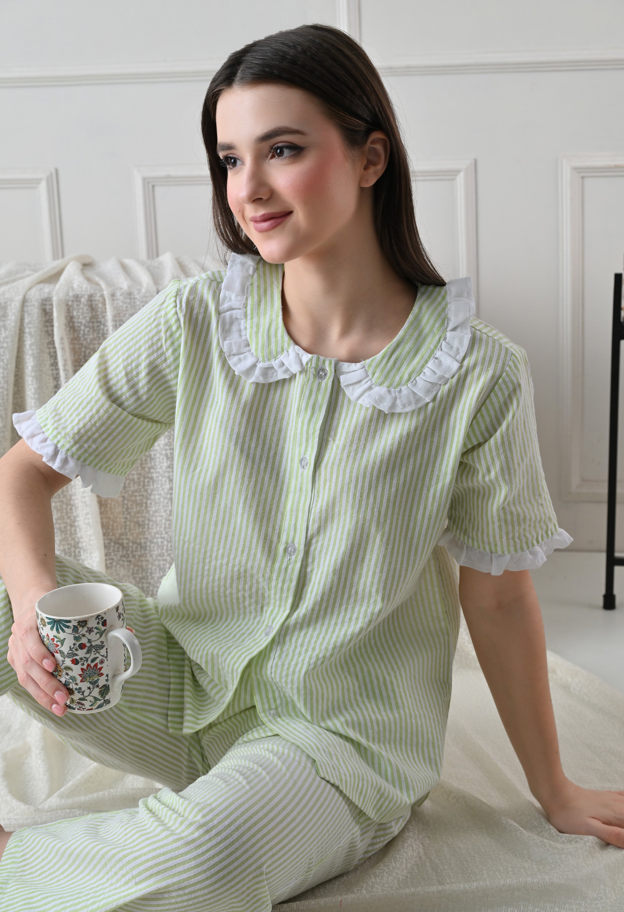 Green Striped Seersucker Cotton Nightsuit Set by ameerah