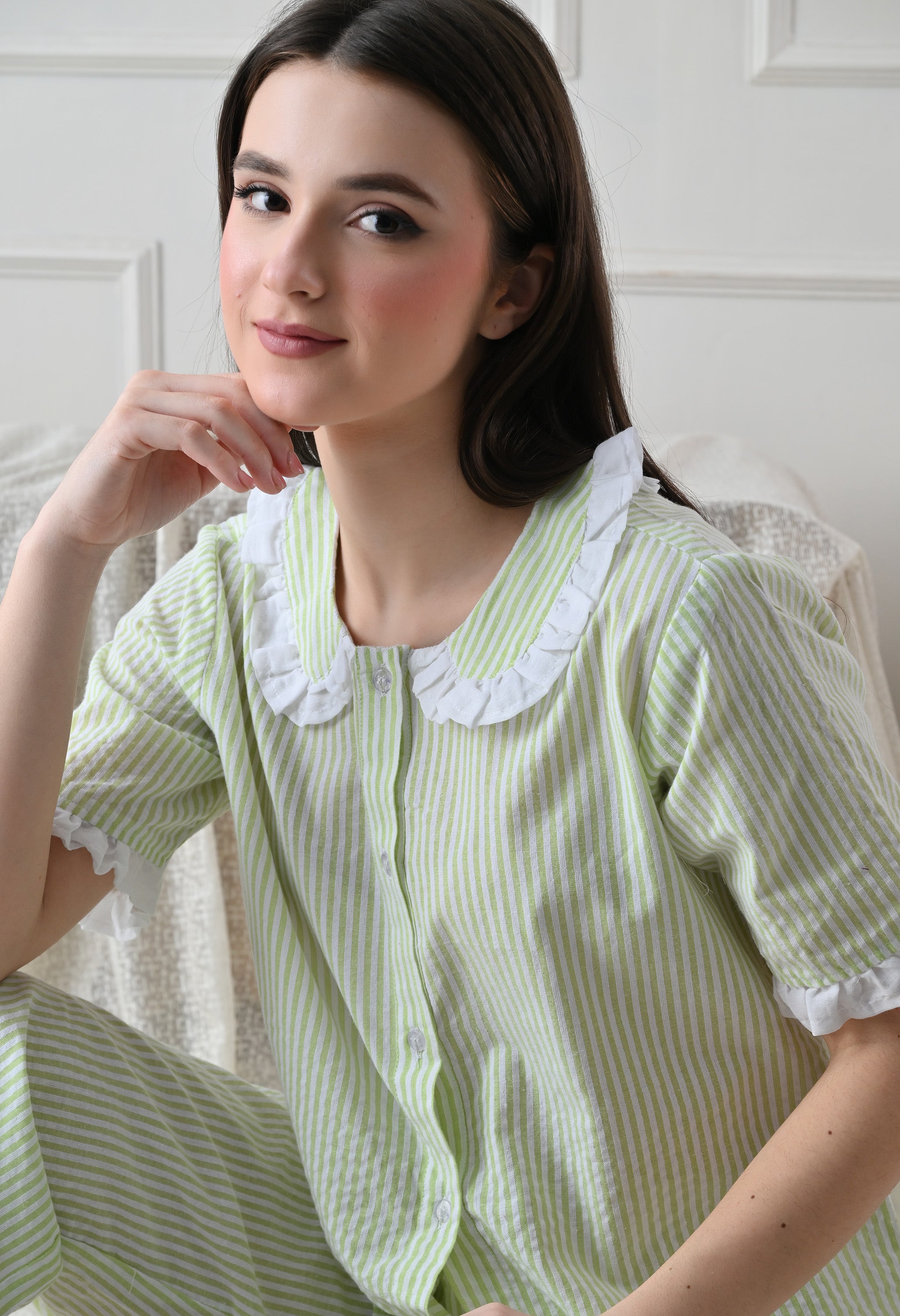 Green Striped Seersucker Cotton Nightsuit Set by ameerah