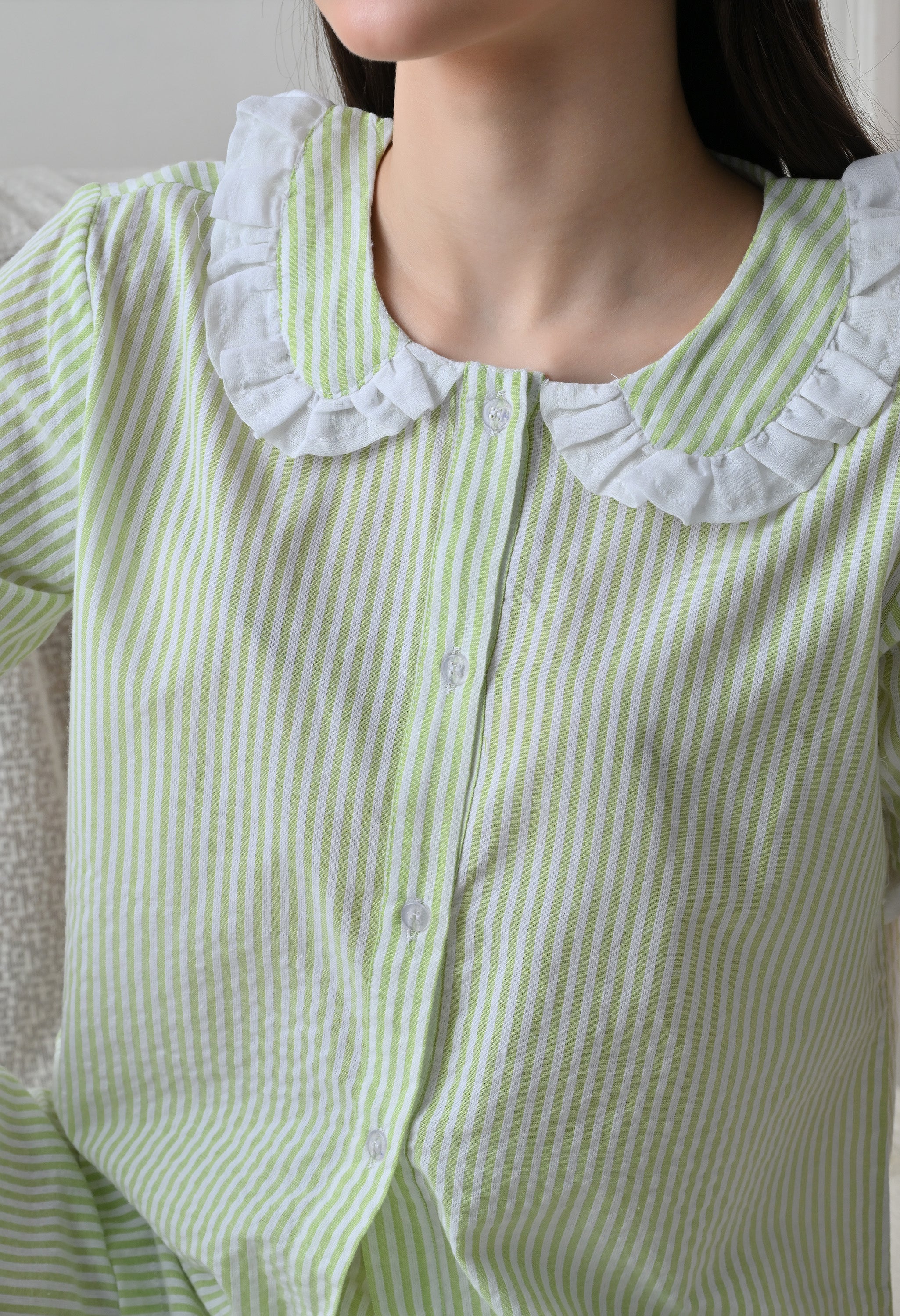 Green Striped Seersucker Cotton Nightsuit Set by ameerah