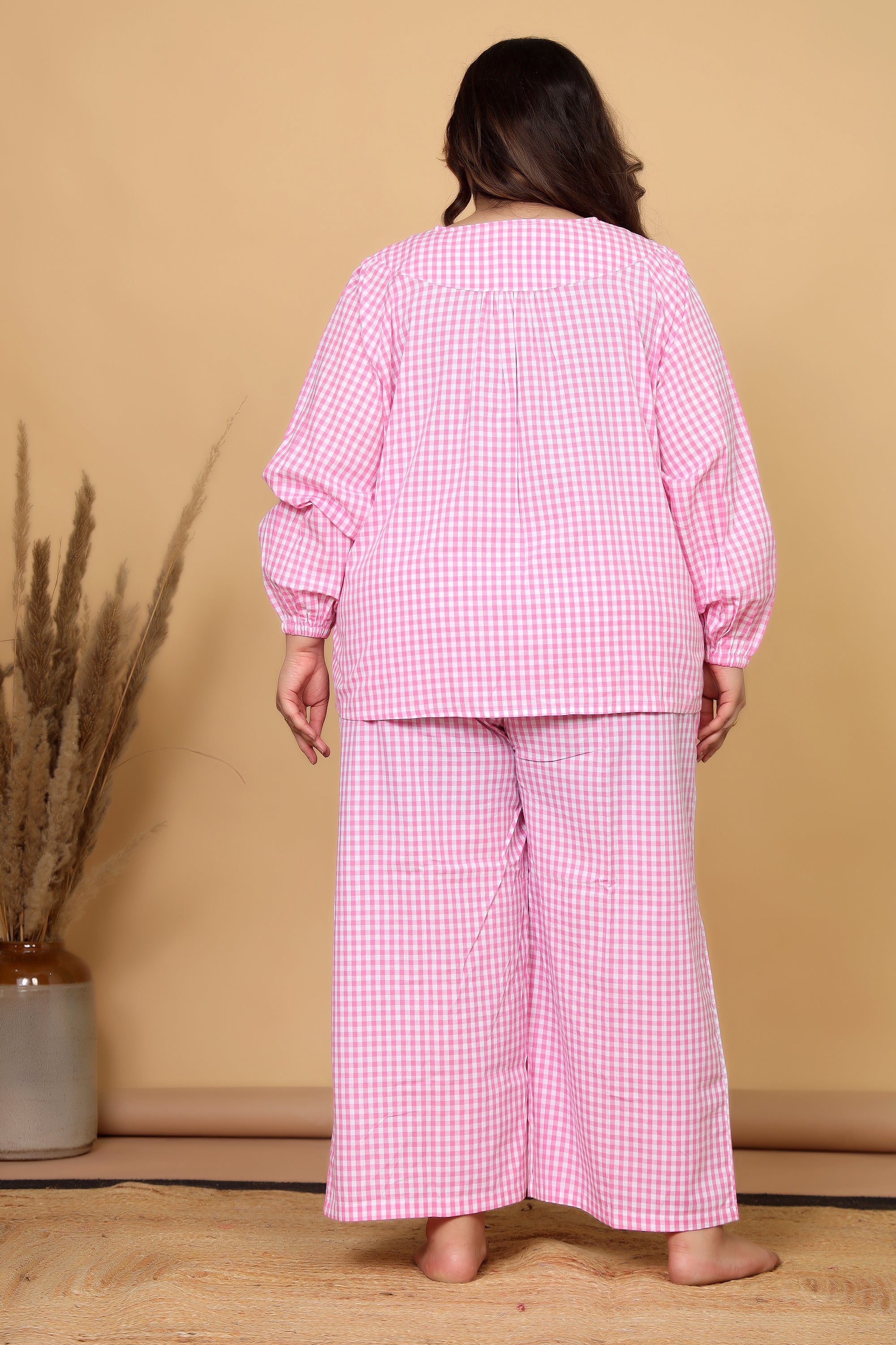 Pink Gingham Checks Comfort Loom Pure Cotton Plussize Nightsuit Set By Ameerah