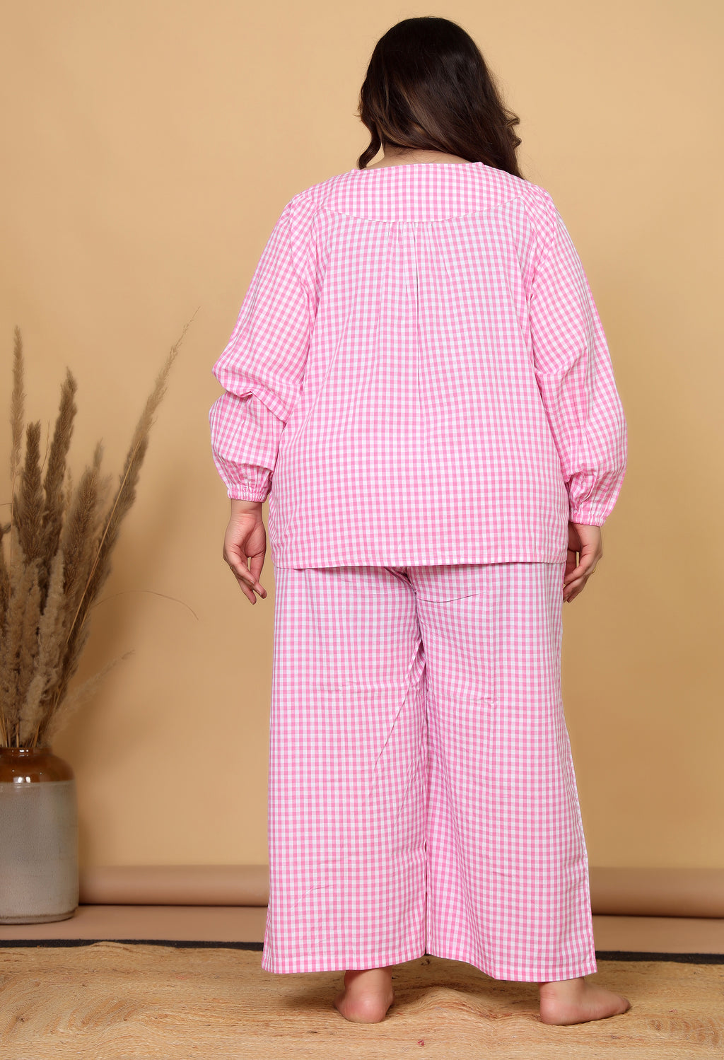 Pink Gingham Checks Comfort Loom Pure Cotton Plussize Nightsuit Set By Ameerah