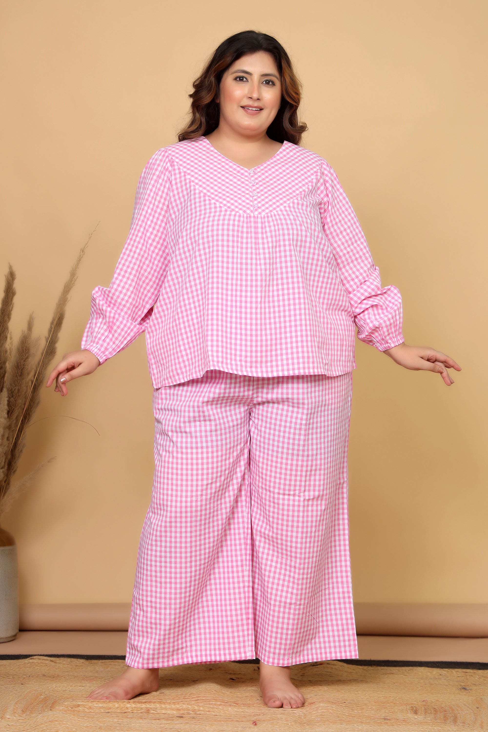 Pink Gingham Checks Comfort Loom Pure Cotton Plussize Nightsuit Set By Ameerah