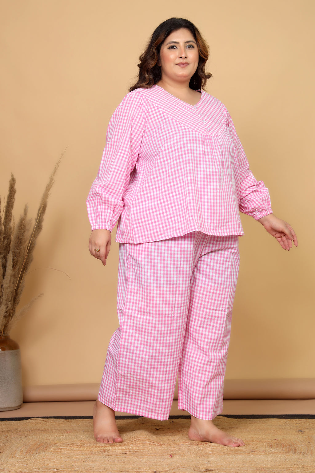 Pink Gingham Checks Comfort Loom Pure Cotton Plussize Nightsuit Set By Ameerah