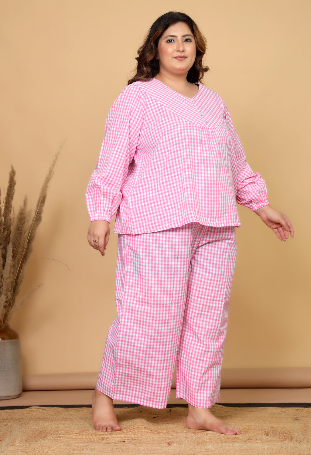 Pink Gingham Checks Comfort Loom Pure Cotton Plussize Nightsuit Set By Ameerah