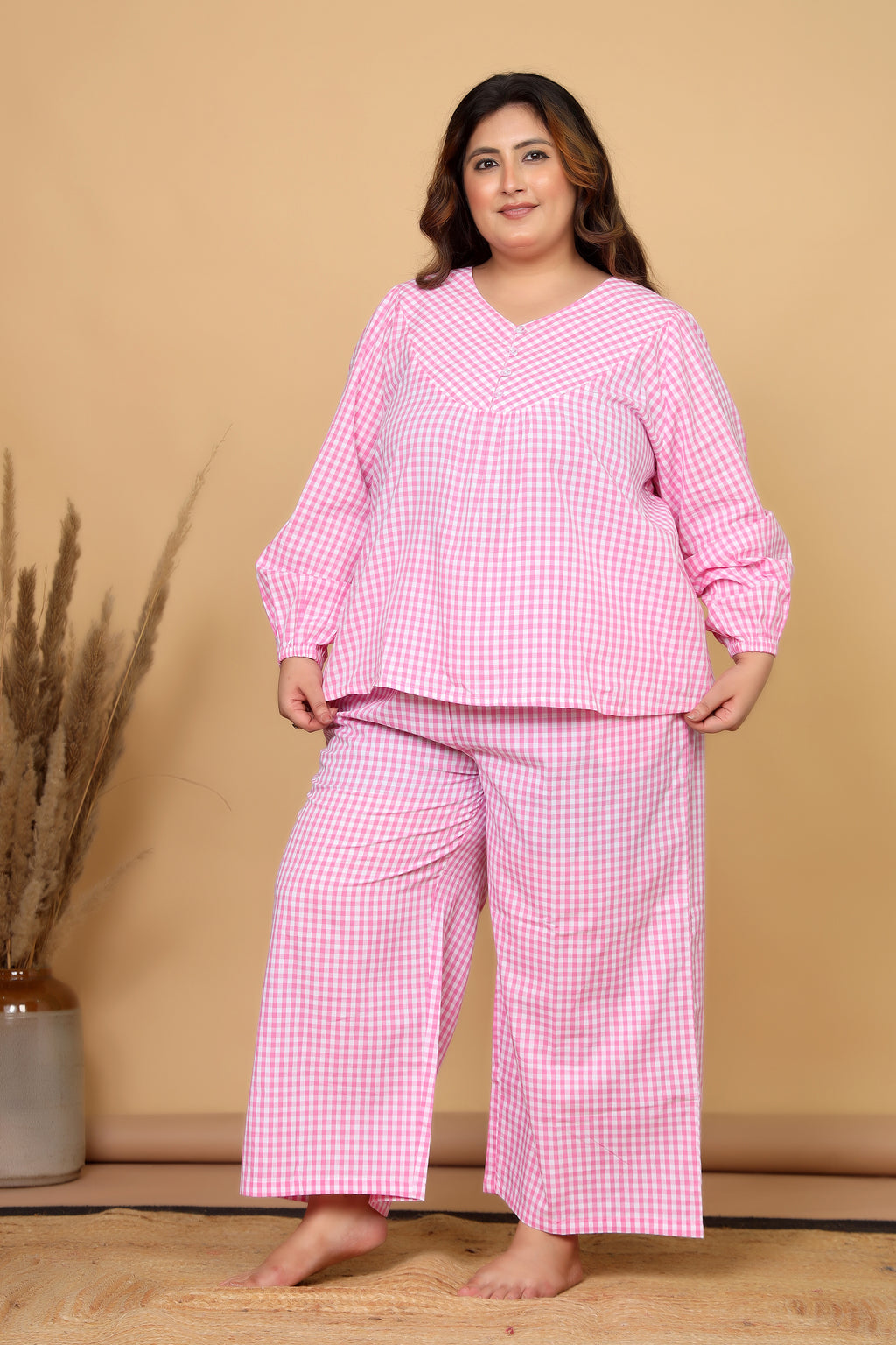 Pink Gingham Checks Comfort Loom Pure Cotton Plussize Nightsuit Set By Ameerah