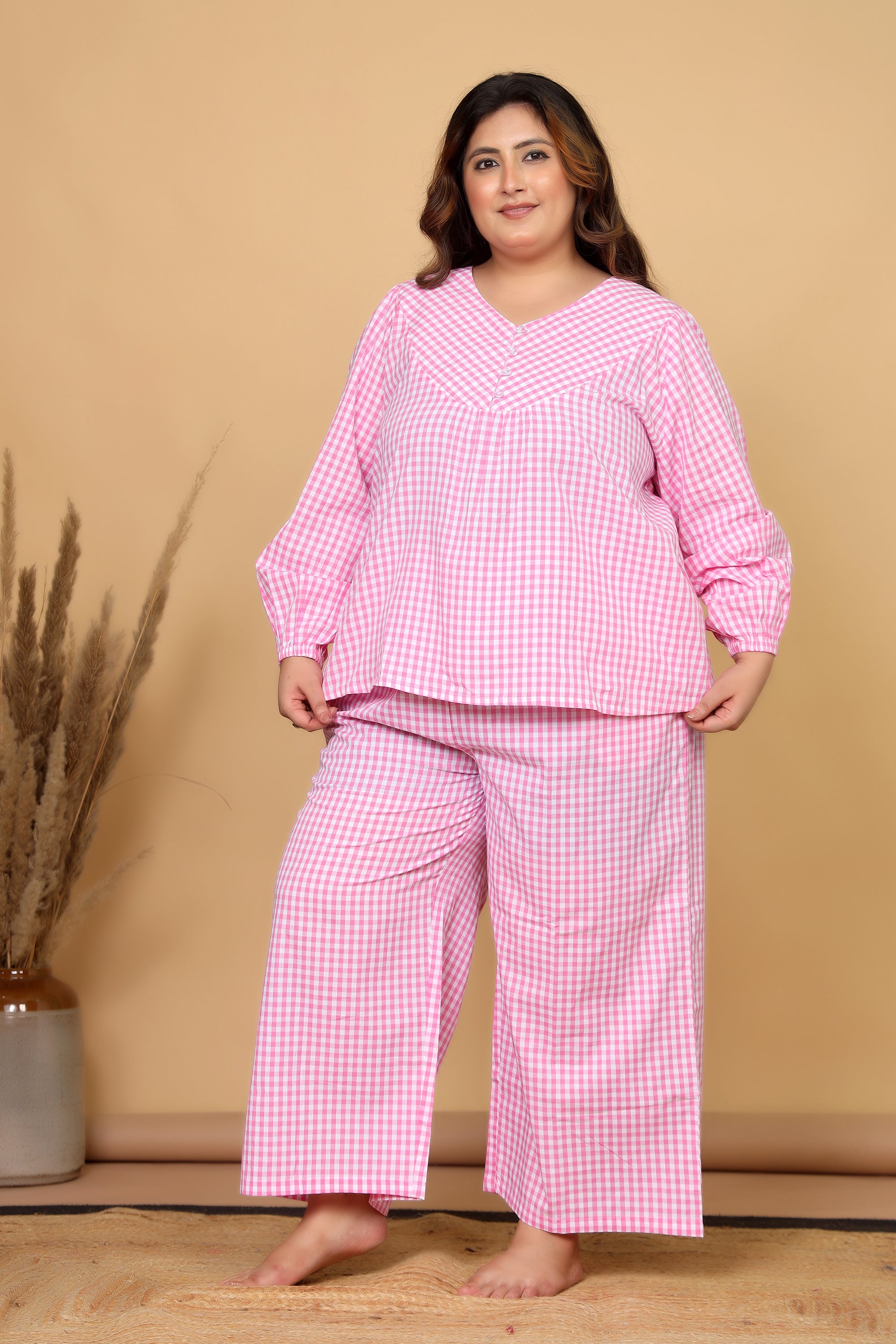 Pink Gingham Checks Comfort Loom Pure Cotton Plussize Nightsuit Set By Ameerah