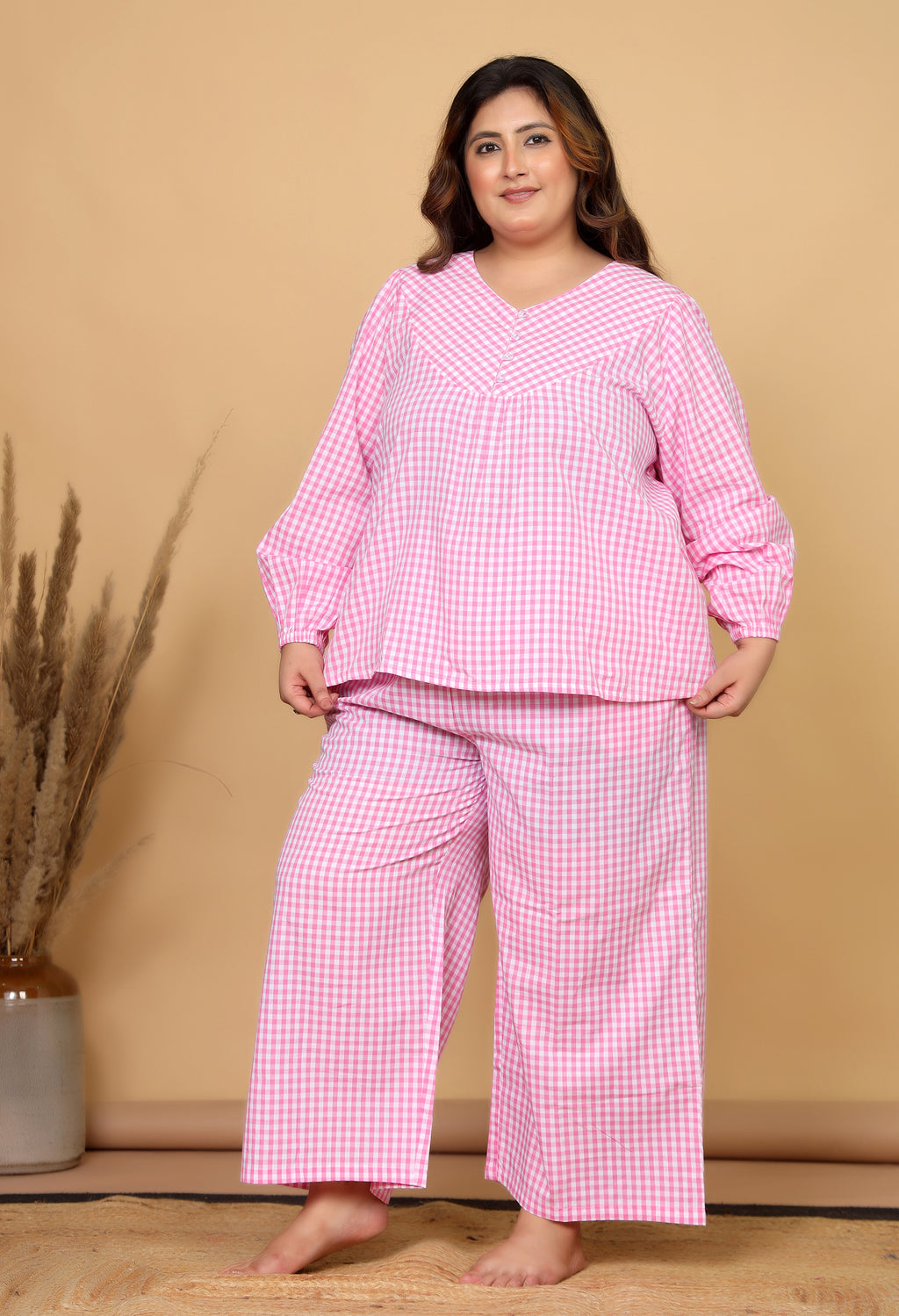 Pink Gingham Checks Comfort Loom Pure Cotton Plussize Nightsuit Set By Ameerah