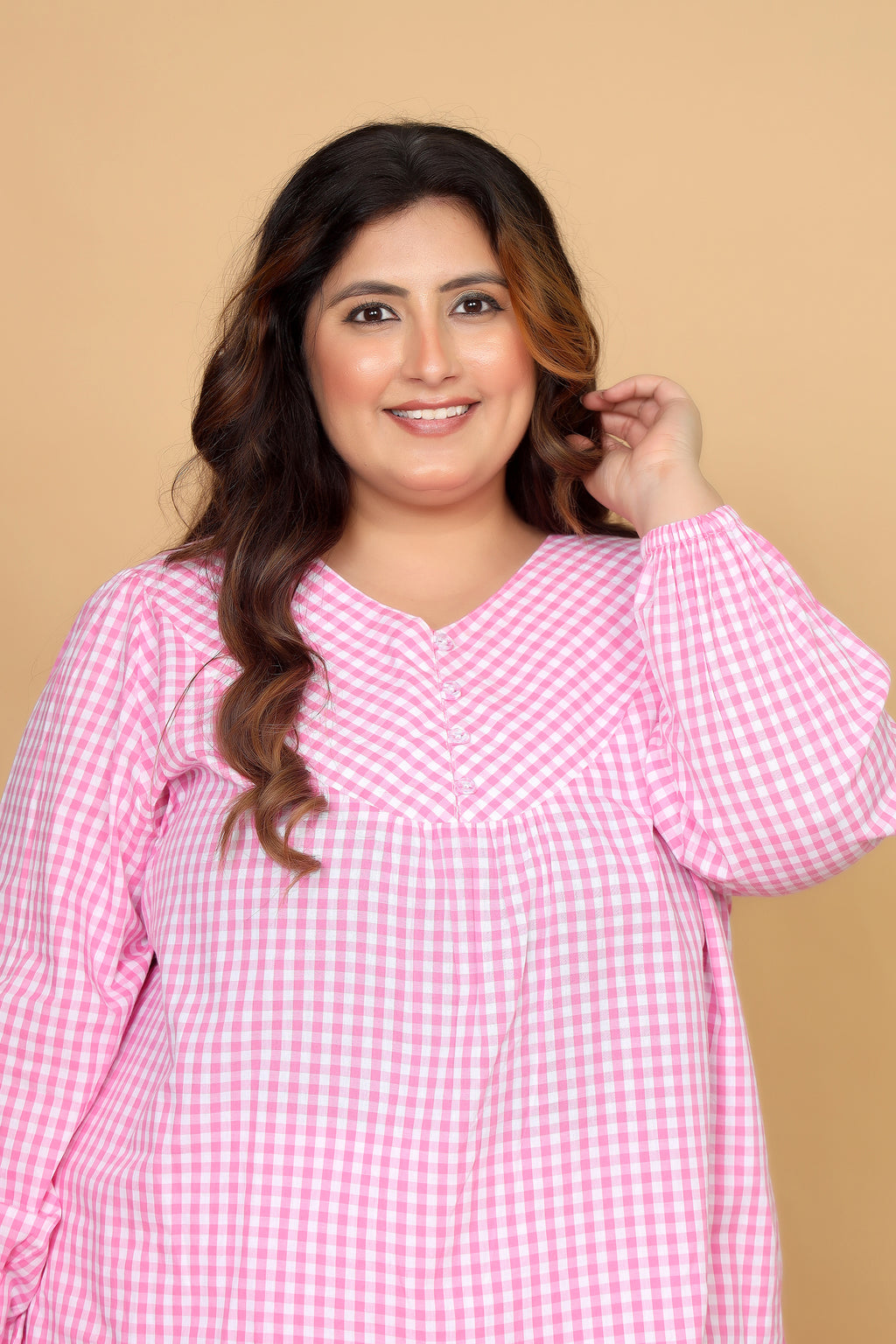 Pink Gingham Checks Comfort Loom Pure Cotton Plussize Nightsuit Set By Ameerah