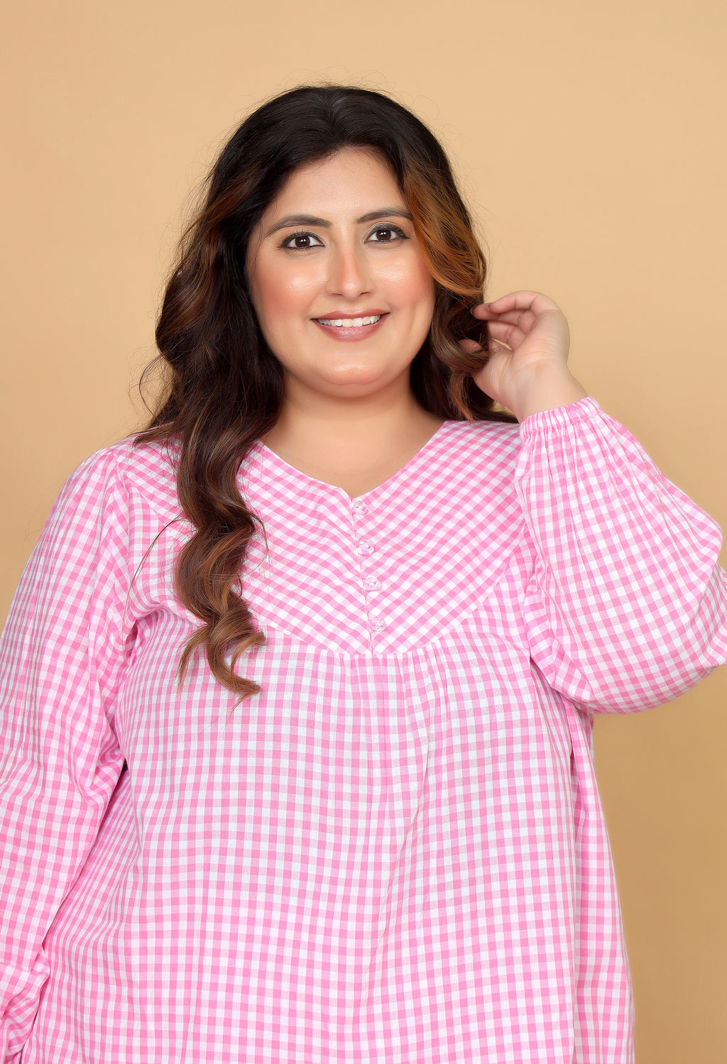 Pink Gingham Checks Comfort Loom Pure Cotton Plussize Nightsuit Set By Ameerah