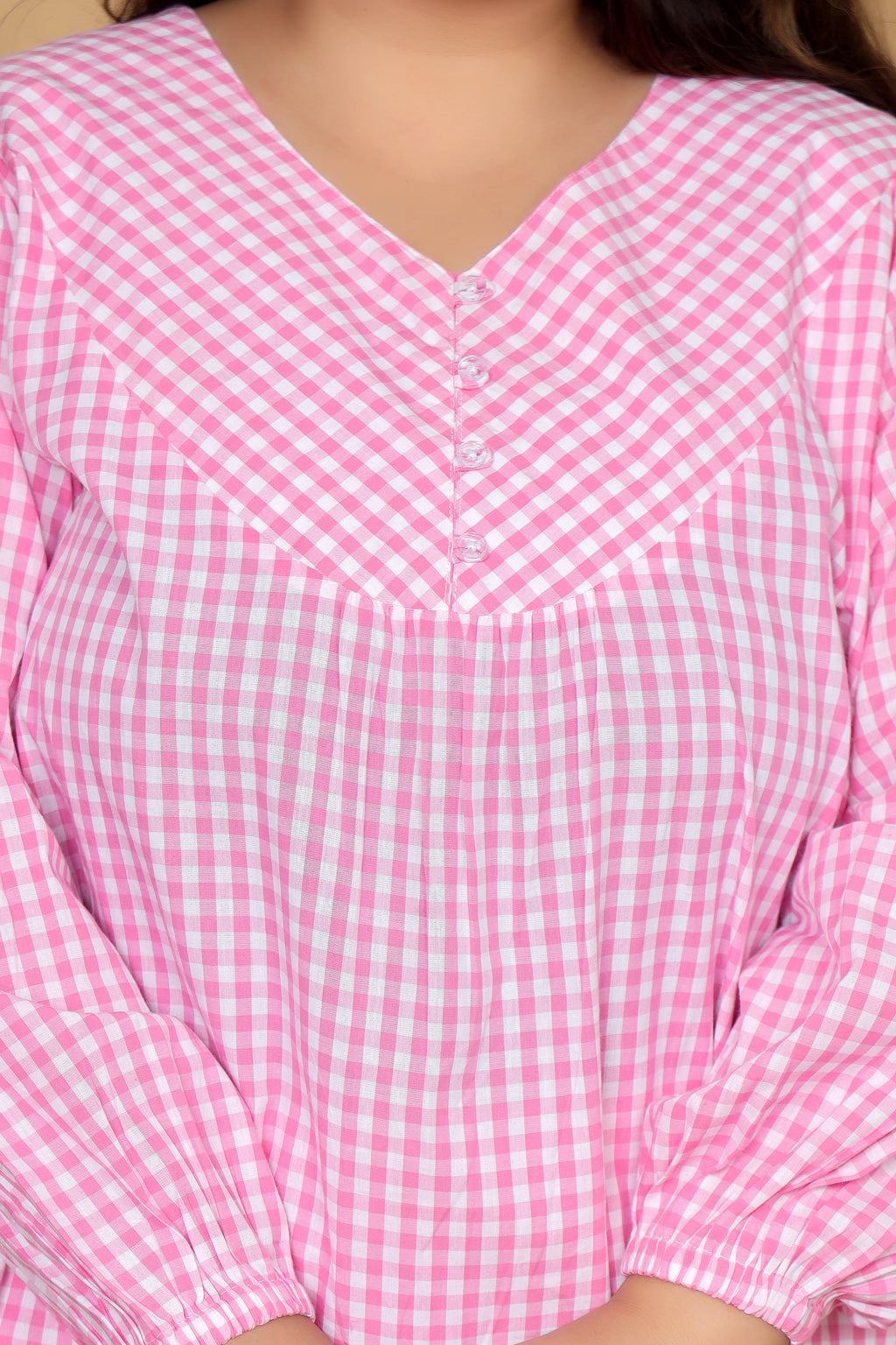 Pink Gingham Checks Comfort Loom Pure Cotton Plussize Nightsuit Set By Ameerah