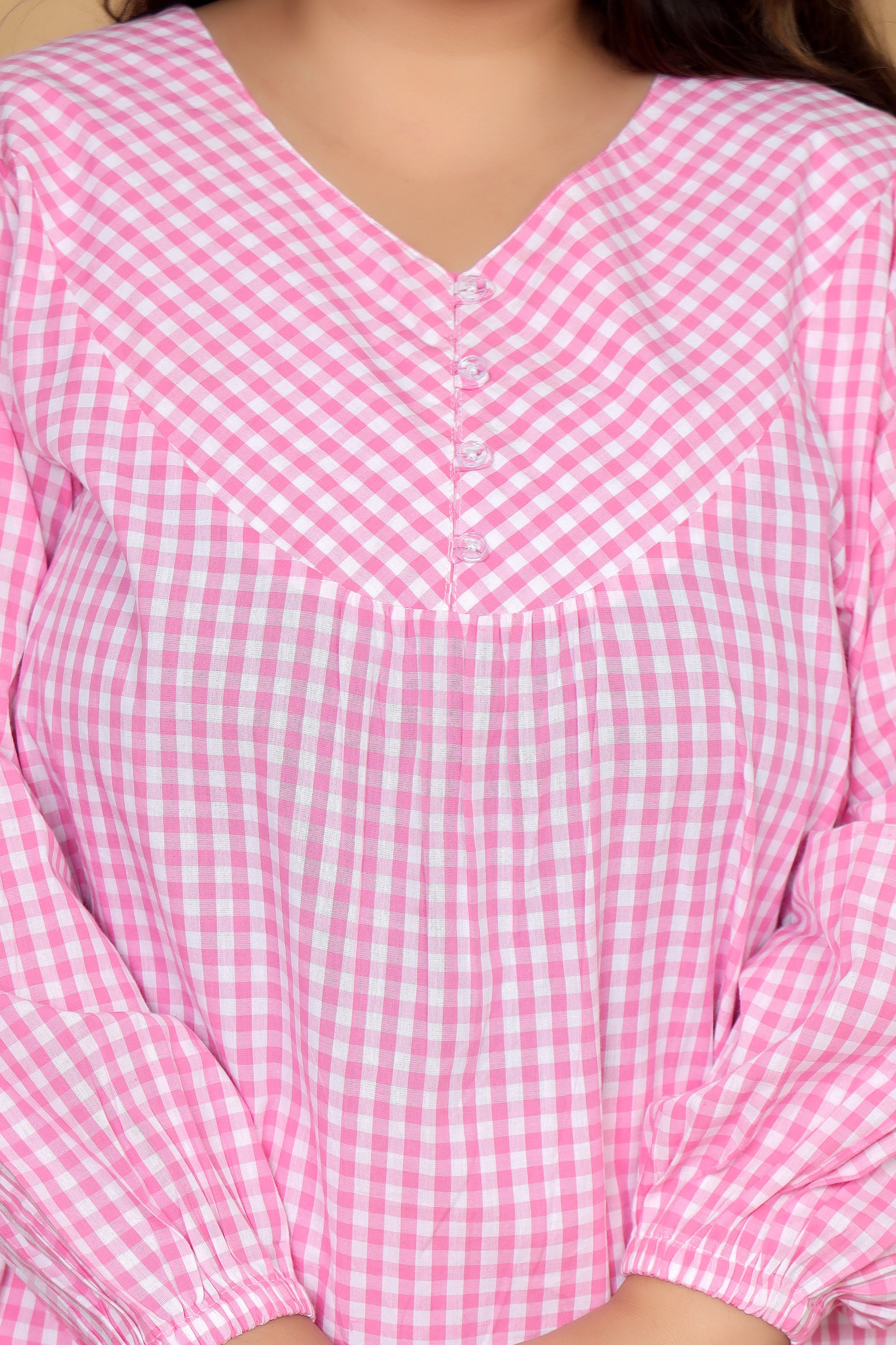 Pink Gingham Checks Comfort Loom Pure Cotton Plussize Nightsuit Set By Ameerah