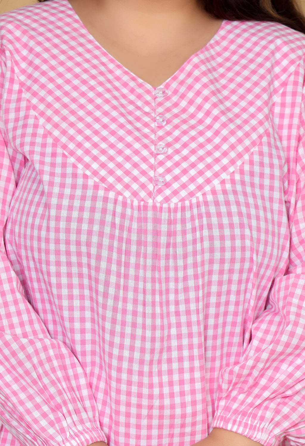 Pink Gingham Checks Comfort Loom Pure Cotton Plussize Nightsuit Set By Ameerah