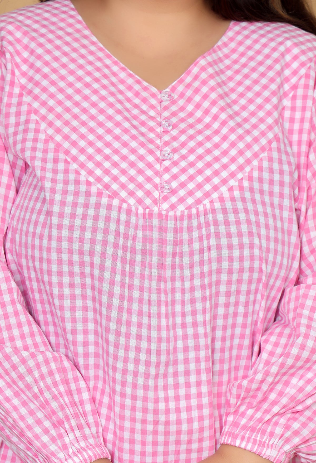 Pink Gingham Checks Comfort Loom Pure Cotton Plussize Nightsuit Set By Ameerah