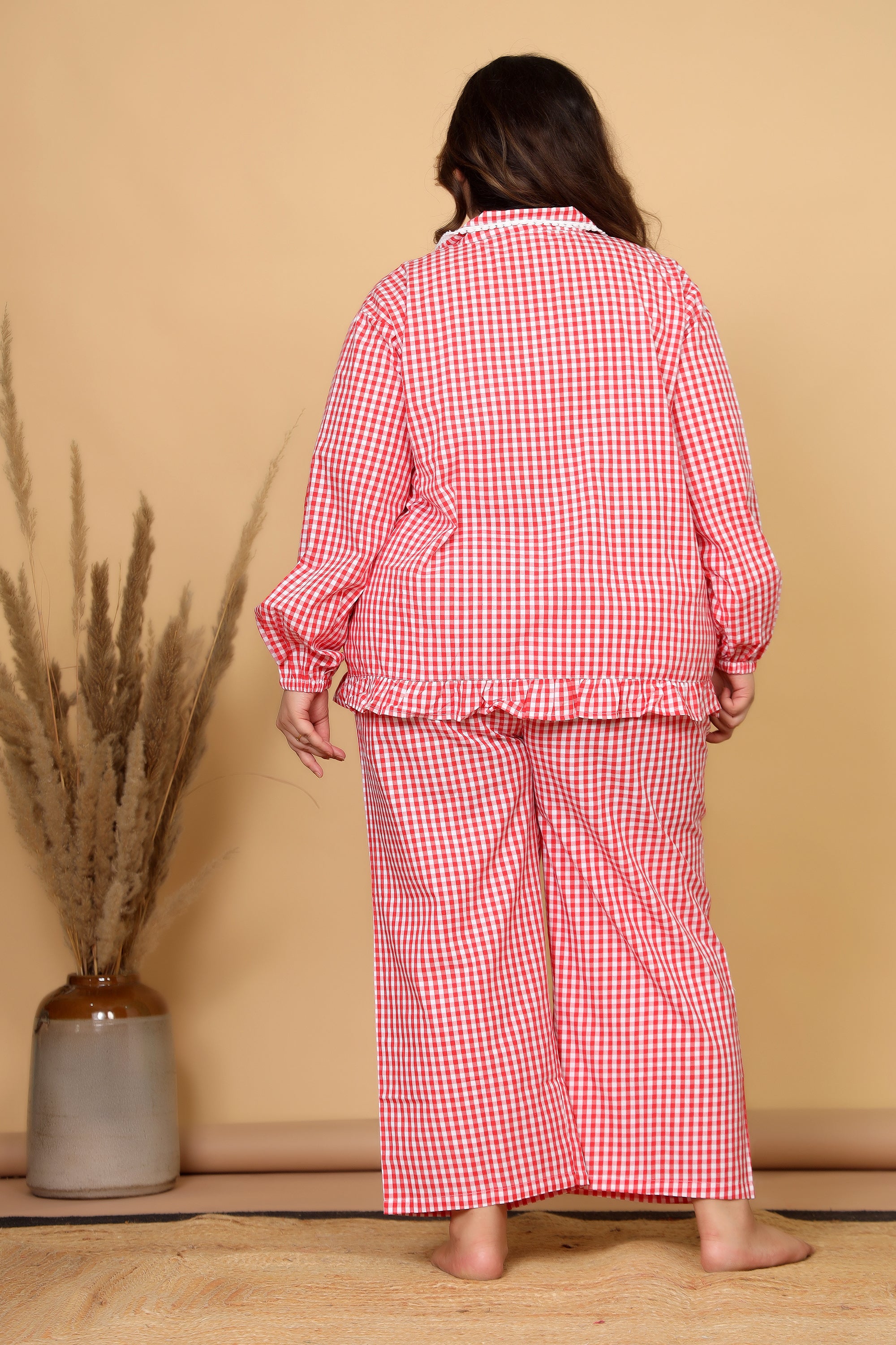 Red & White Gingham Checks Comfort Loom Pure Cotton Plussize Nightsuit Set By Ameerah