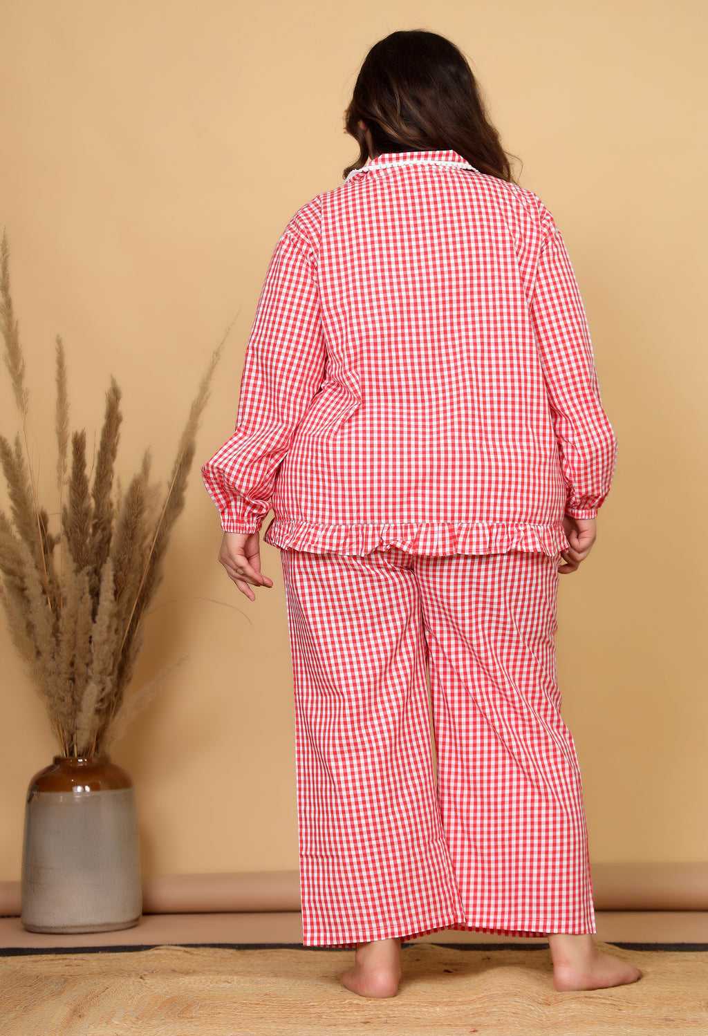 Red & White Gingham Checks Comfort Loom Pure Cotton Plussize Nightsuit Set By Ameerah