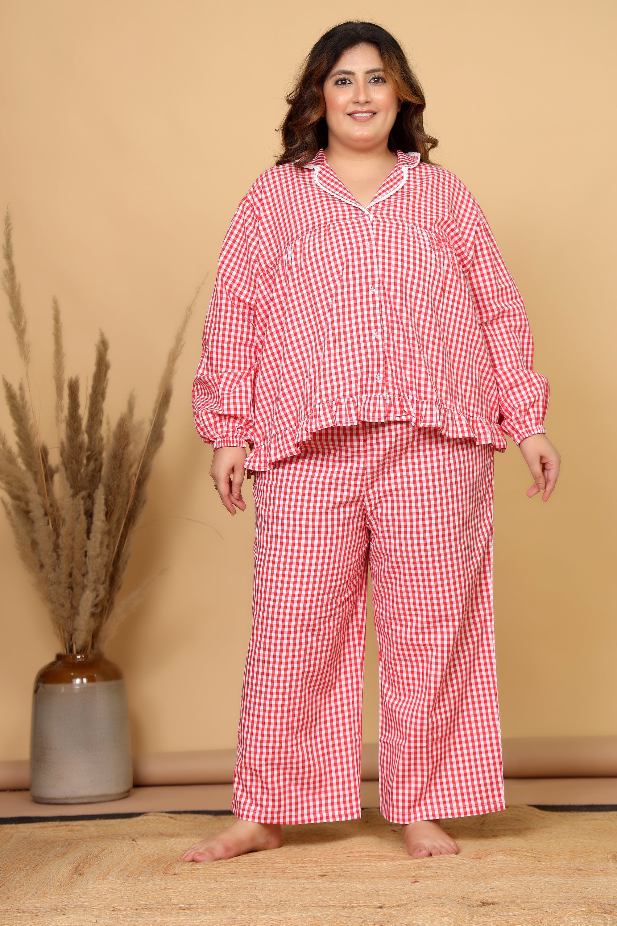 Red & White Gingham Checks Comfort Loom Pure Cotton Plussize Nightsuit Set By Ameerah