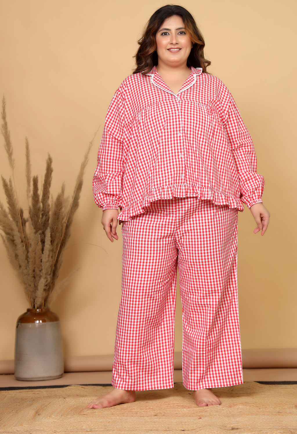 Red & White Gingham Checks Comfort Loom Pure Cotton Plussize Nightsuit Set By Ameerah