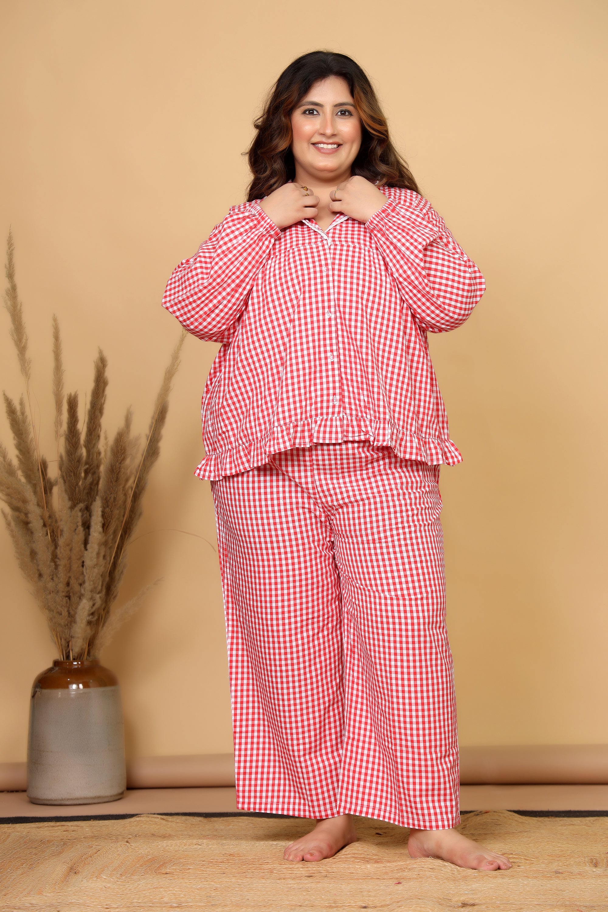 Red & White Gingham Checks Comfort Loom Pure Cotton Plussize Nightsuit Set By Ameerah